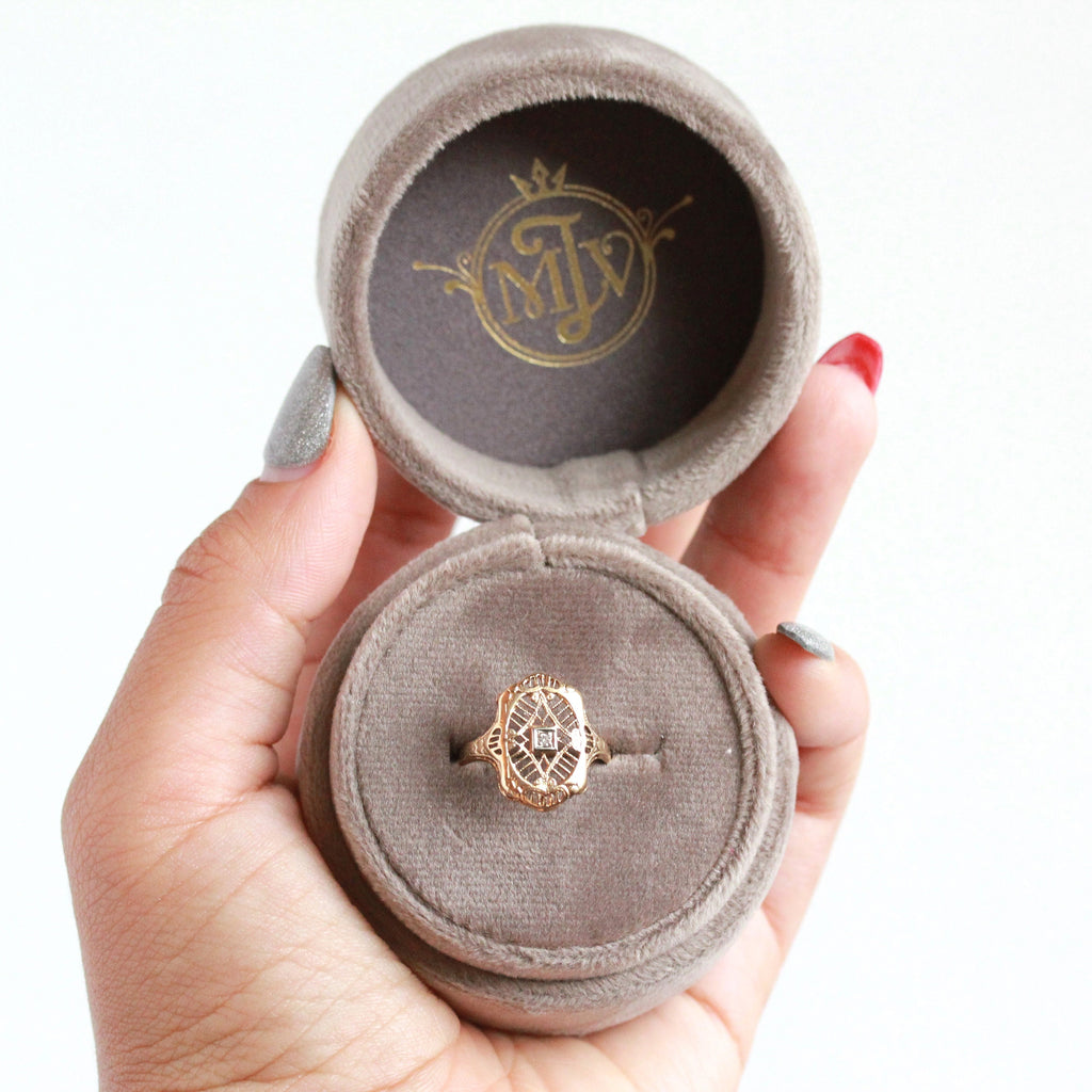 Gray Ring Box - Vintage Inspired New MJV Round Velvet Plush Single Slot Engagement Ring Prop - Maejean Proposal Photoshoot Jewelry Accessory