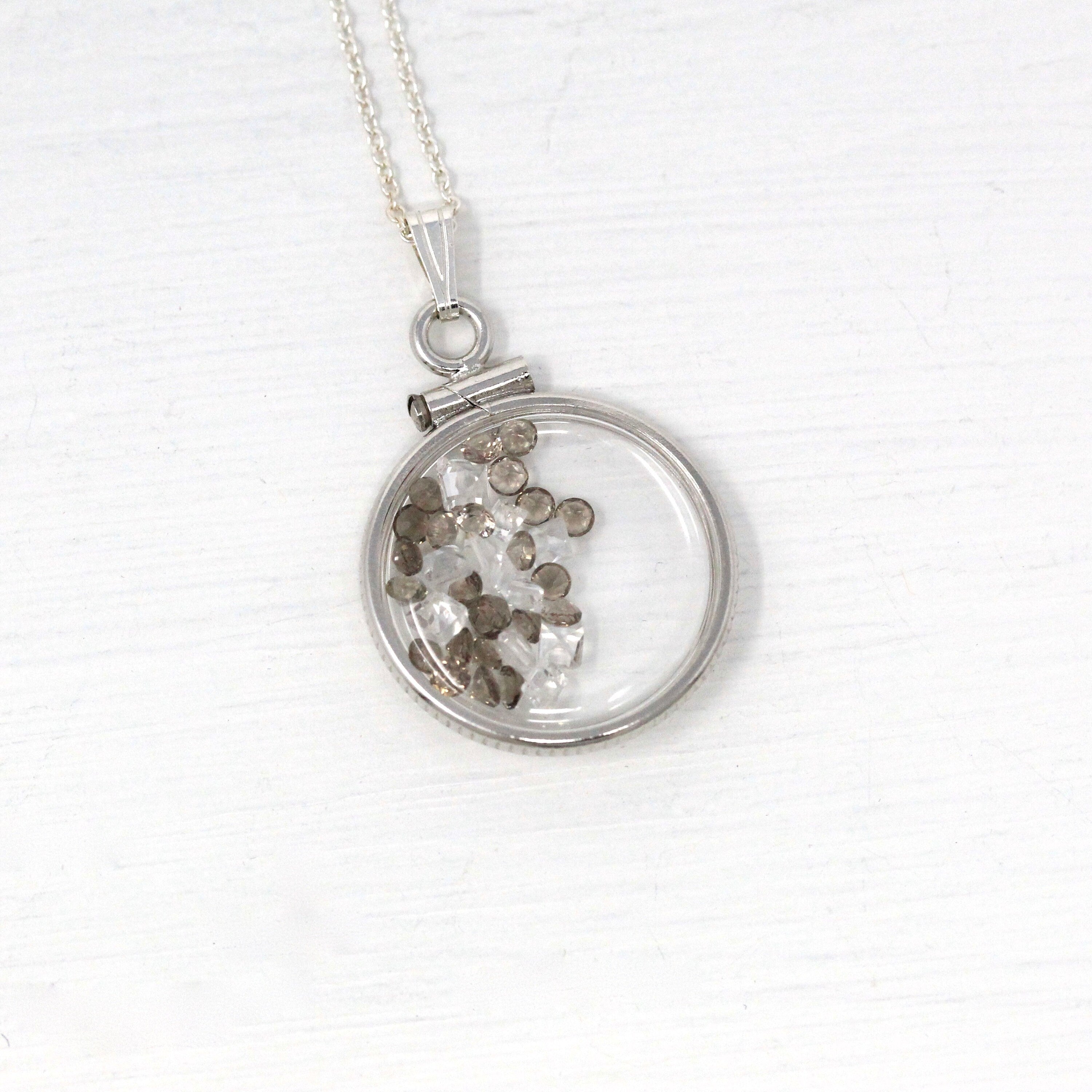 Gemstone Shaker Locket - Handcrafted Sterling Silver Lucite Pendant Necklace Charm - Genuine Smoky Quartz & White Topaz 1.5 CTW Gems Jewelry