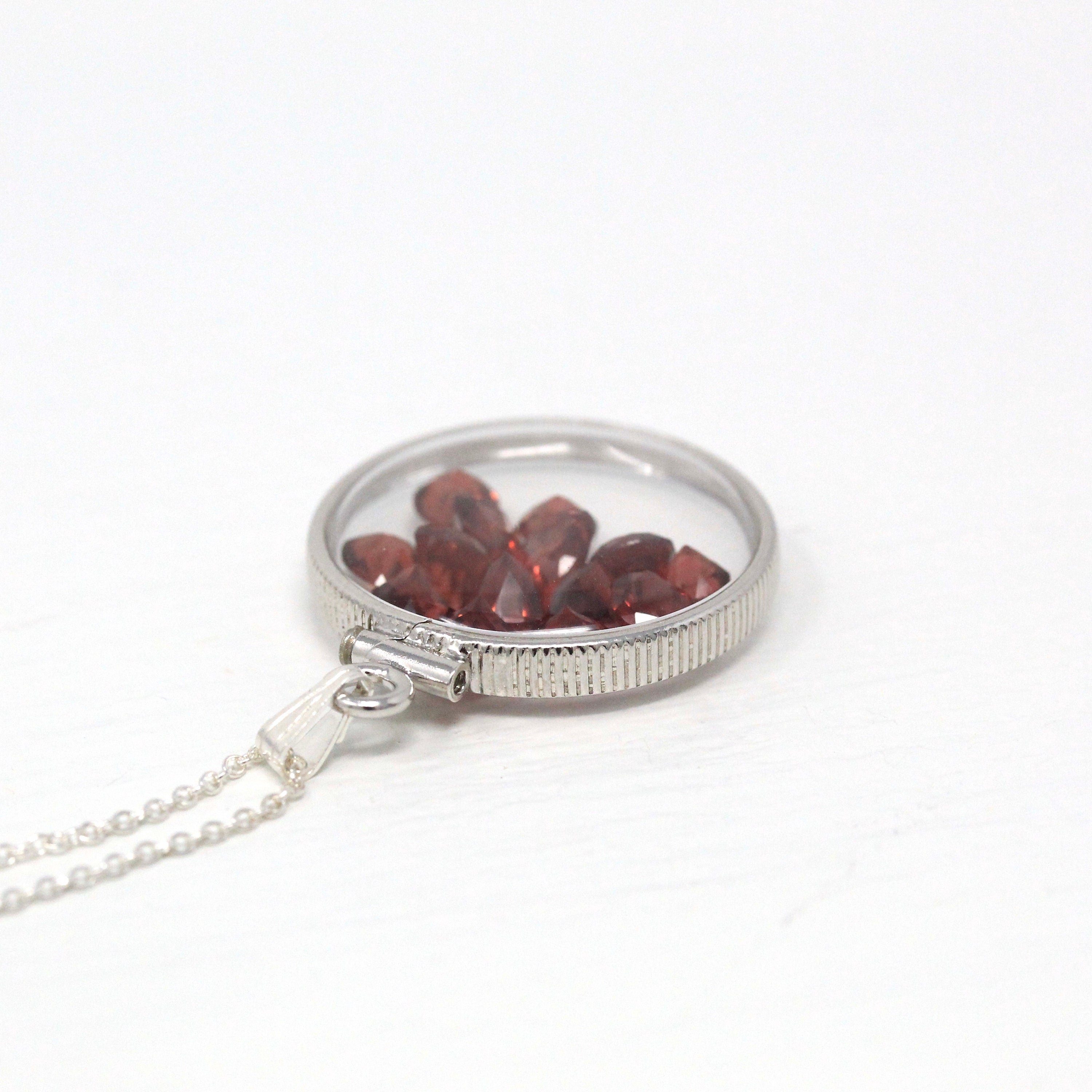 Garnet Shaker Locket - Handcrafted Sterling Silver Lucite Pendant Necklace Charm - Genuine 4 mm 4 CTW Round Faceted Red Gemstones Jewelry
