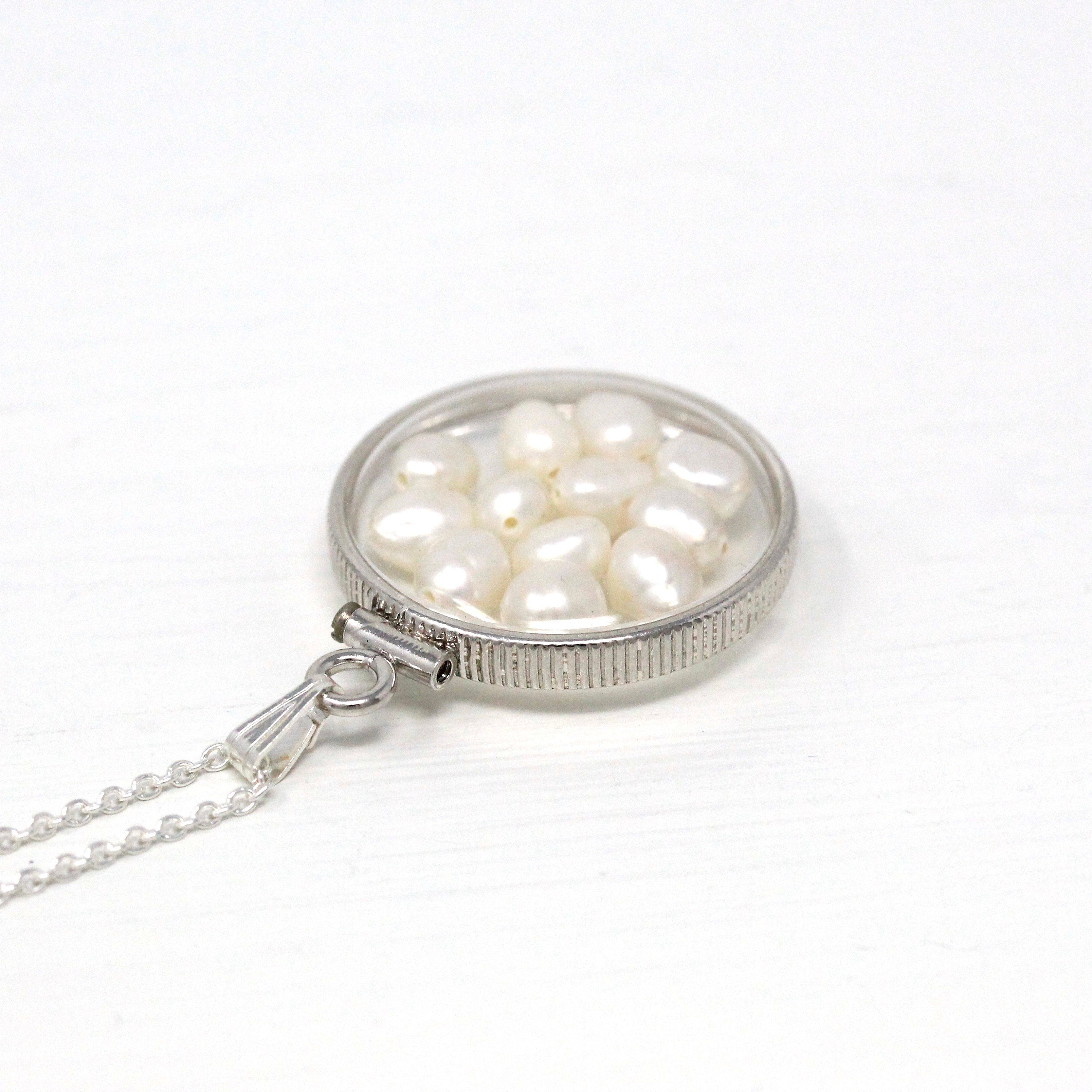 Baroque Pearl Shaker Locket - Handcrafted Sterling Silver Lucite Pendant Necklace Charm - June Birthstone Coin Bezel Nickel Sized Jewelry