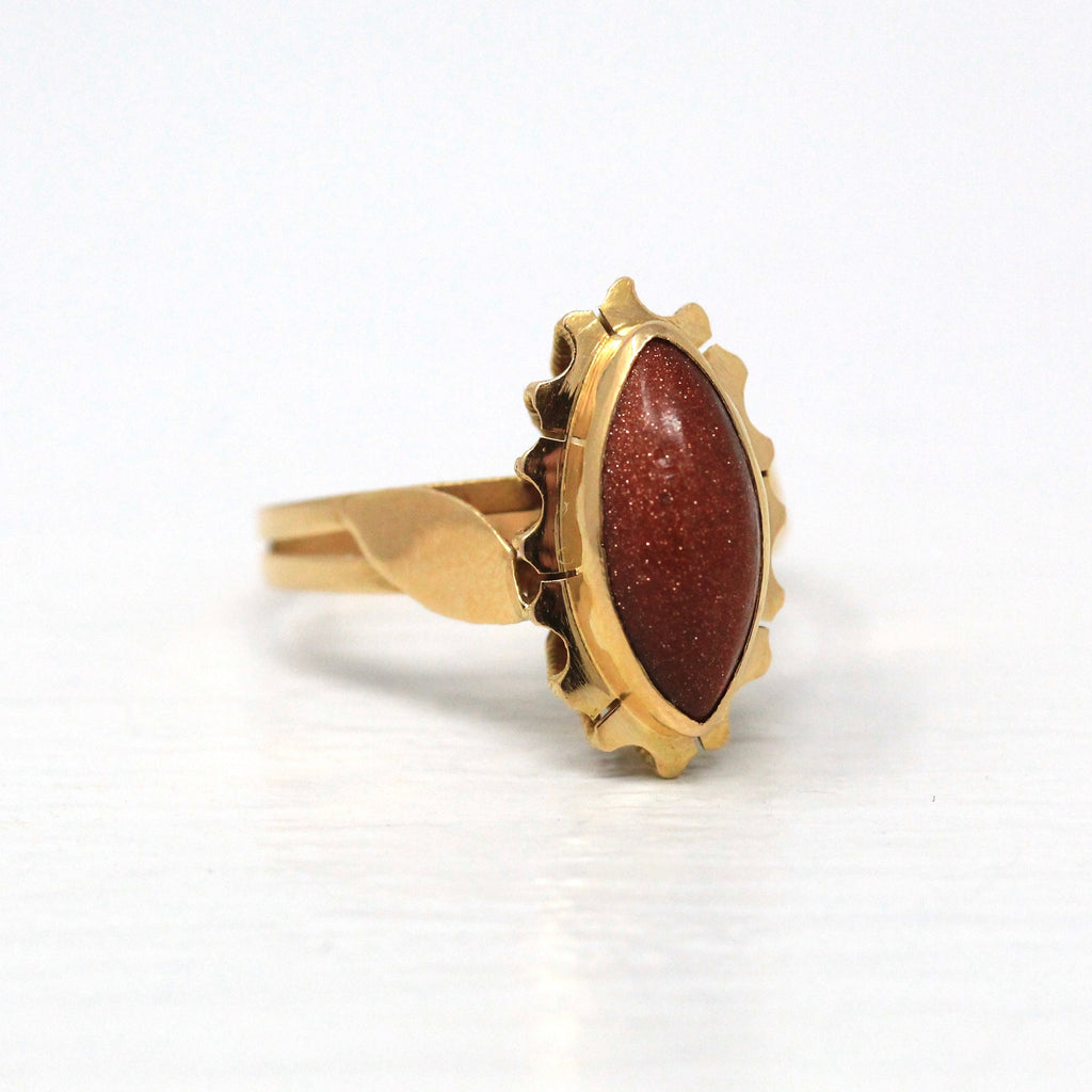 Sale - Vintage Goldstone Ring - Retro 14k Yellow Gold Marquise Cabochon Flower Statement - Circa 1940s Size 7 3/4 Floral 40s Fine Jewelry