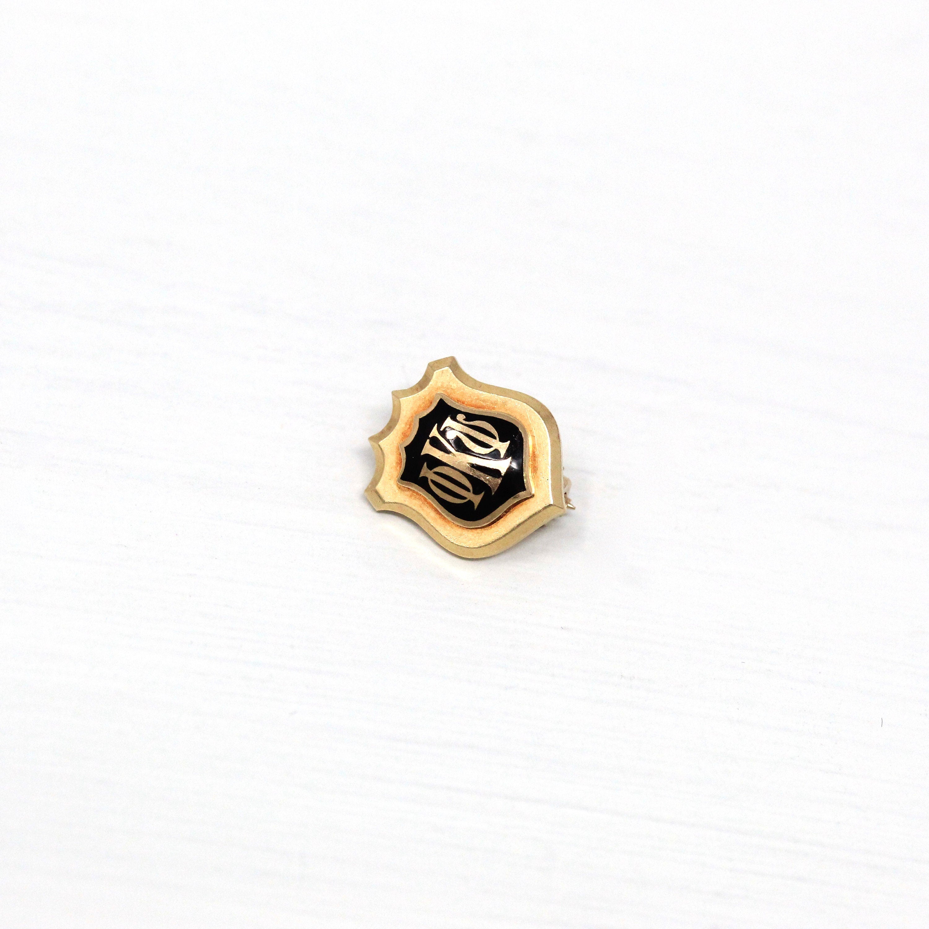 Honor Society Pin - Modern 14k Yellow Gold Black Enameled Phi Kappa Psi Lapel Shield Brooch - Estate Scholastic Achievement Fine Jewelry