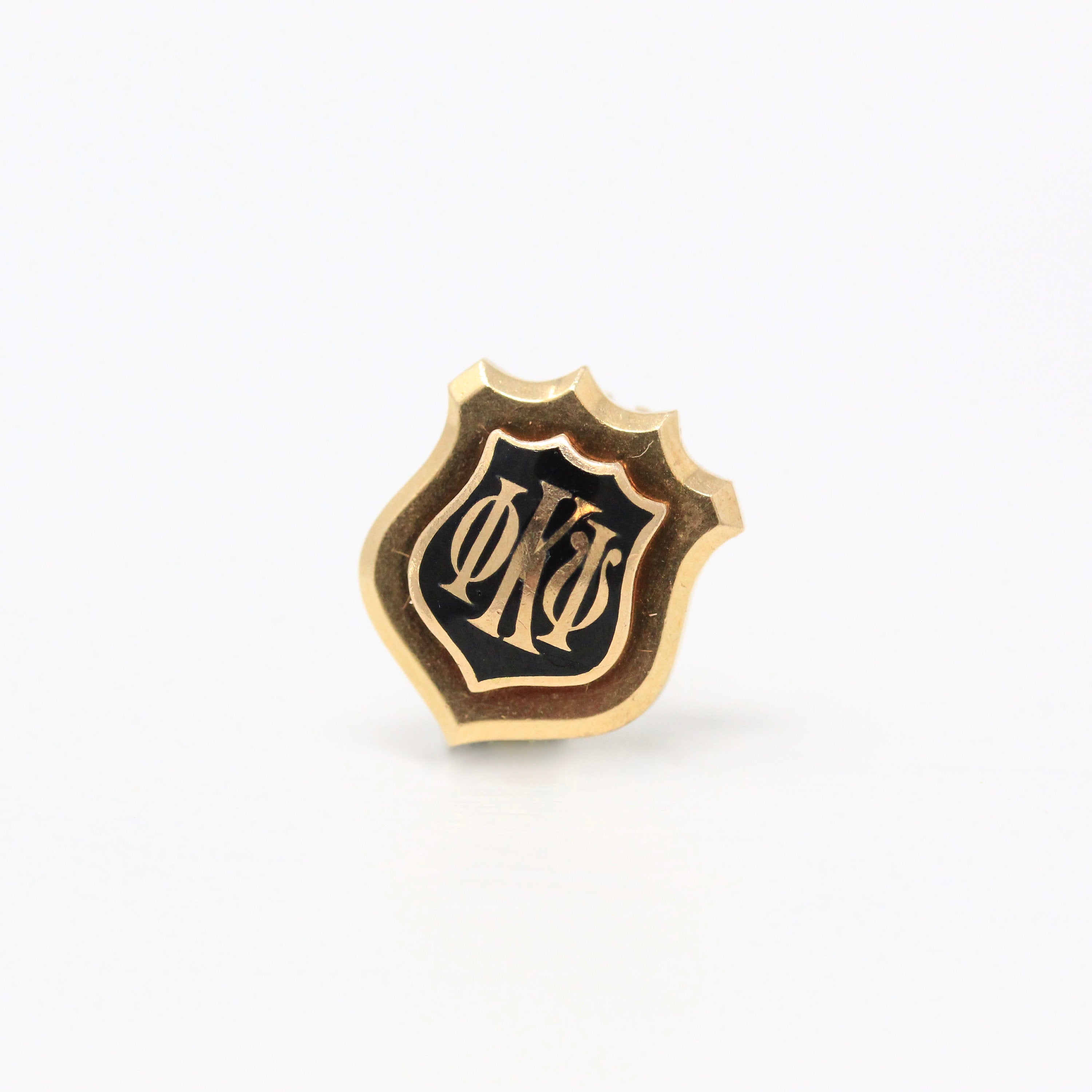 Honor Society Pin - Modern 14k Yellow Gold Black Enameled Phi Kappa Psi Lapel Shield Brooch - Estate Scholastic Achievement Fine Jewelry