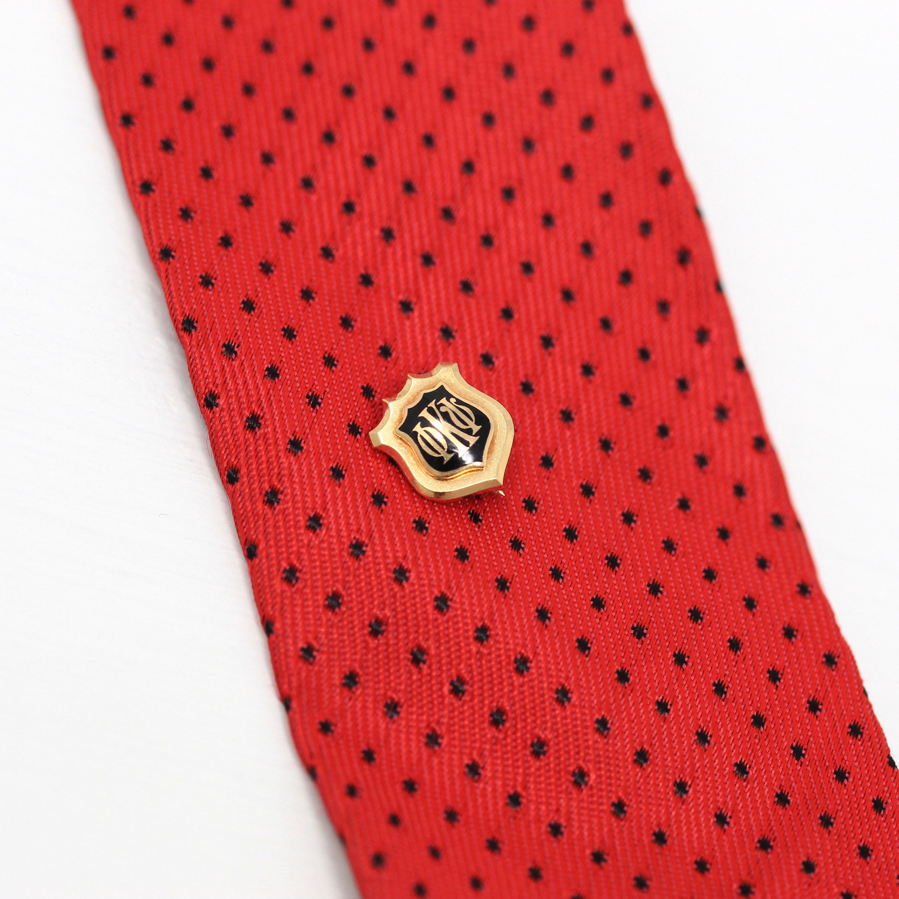 Honor Society Pin - Modern 14k Yellow Gold Black Enameled Phi Kappa Psi Lapel Shield Brooch - Estate Scholastic Achievement Fine Jewelry