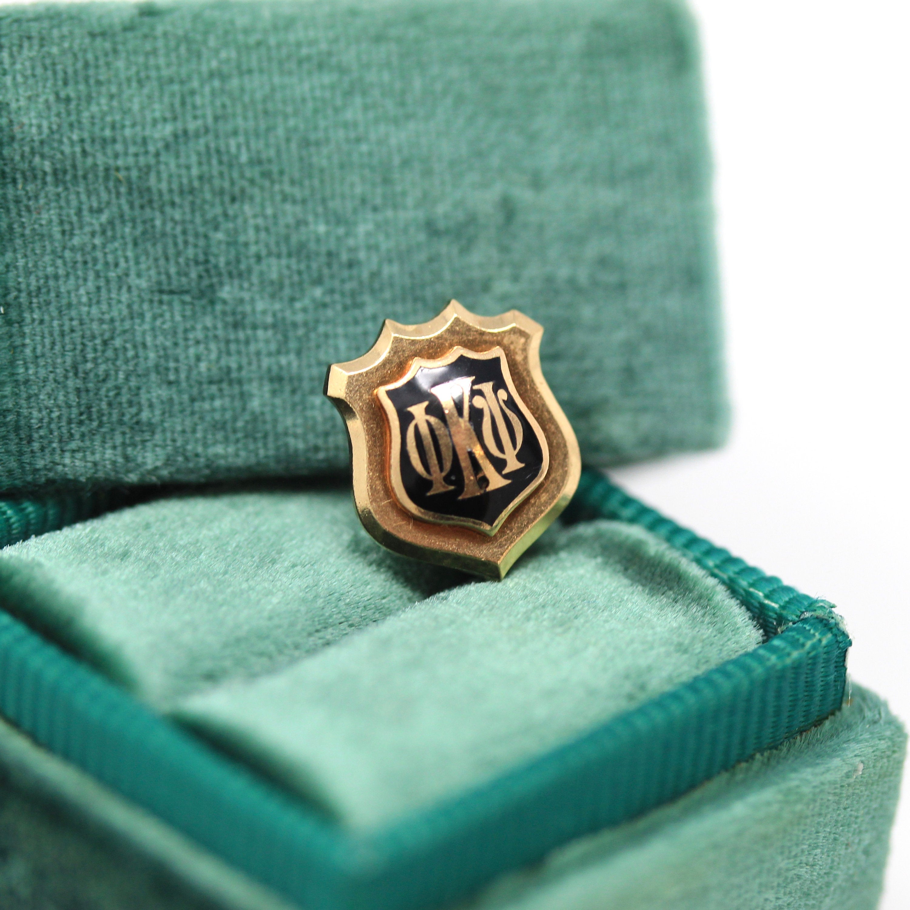 Honor Society Pin - Modern 14k Yellow Gold Black Enameled Phi Kappa Psi Lapel Shield Brooch - Estate Scholastic Achievement Fine Jewelry