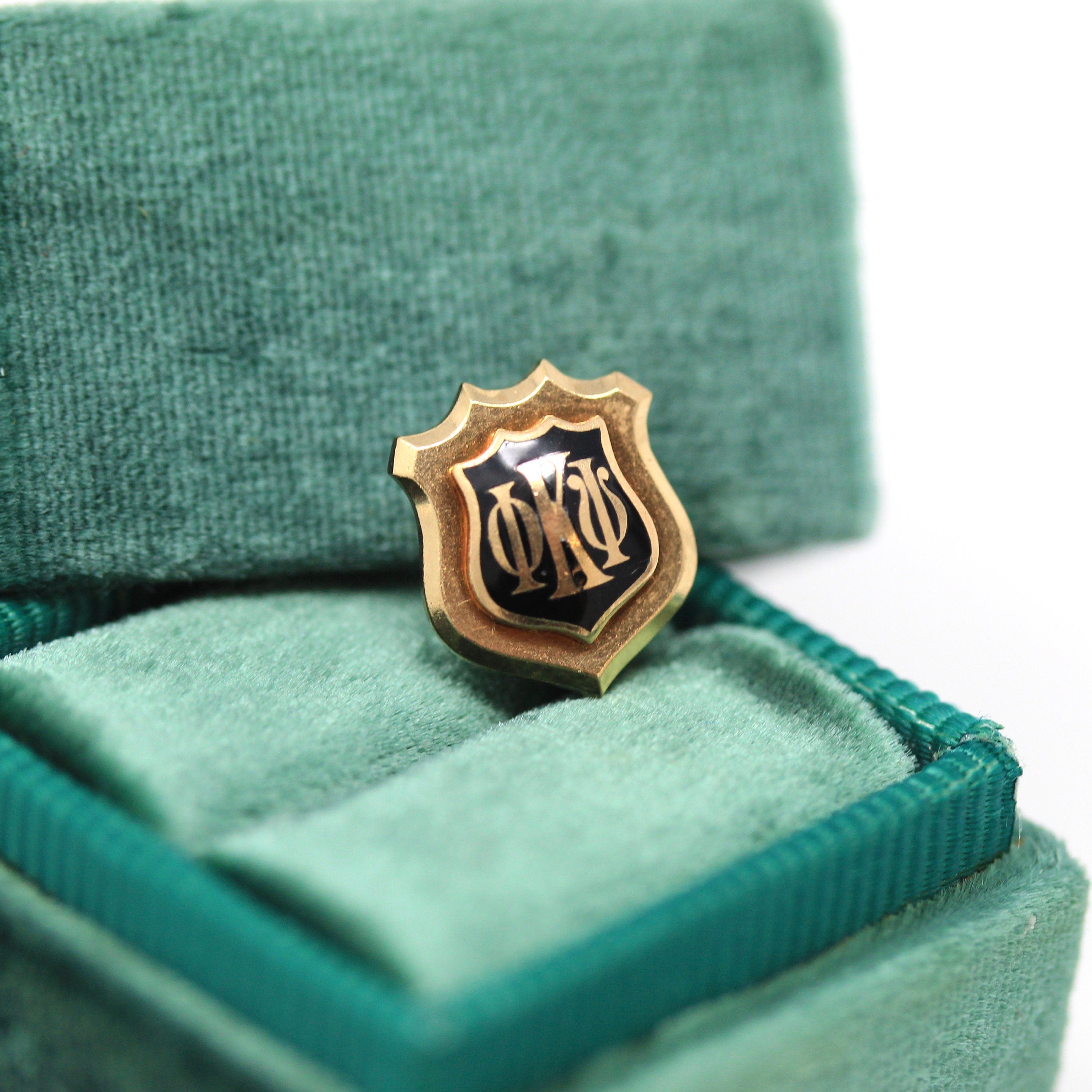 Honor Society Pin - Modern 14k Yellow Gold Black Enameled Phi Kappa Psi Lapel Shield Brooch - Estate Scholastic Achievement Fine Jewelry