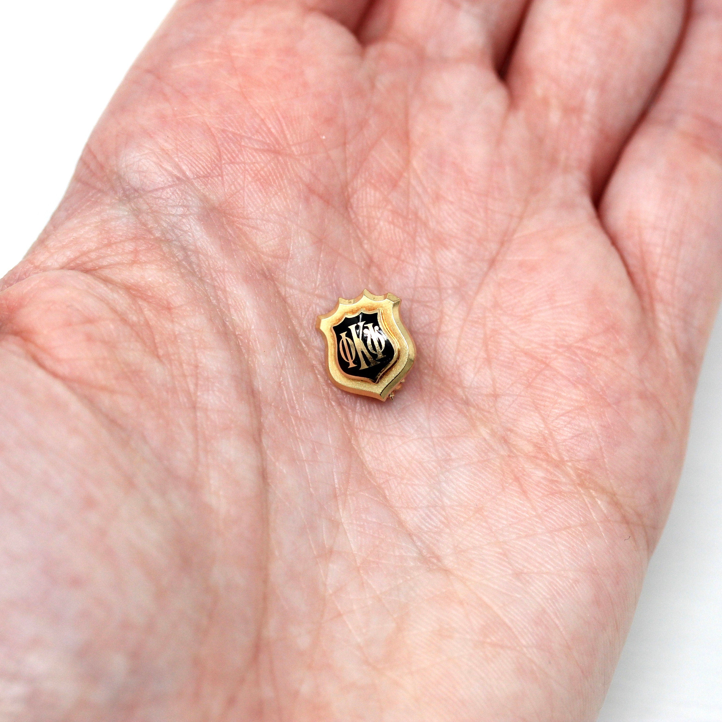 Honor Society Pin - Modern 14k Yellow Gold Black Enameled Phi Kappa Psi Lapel Shield Brooch - Estate Scholastic Achievement Fine Jewelry