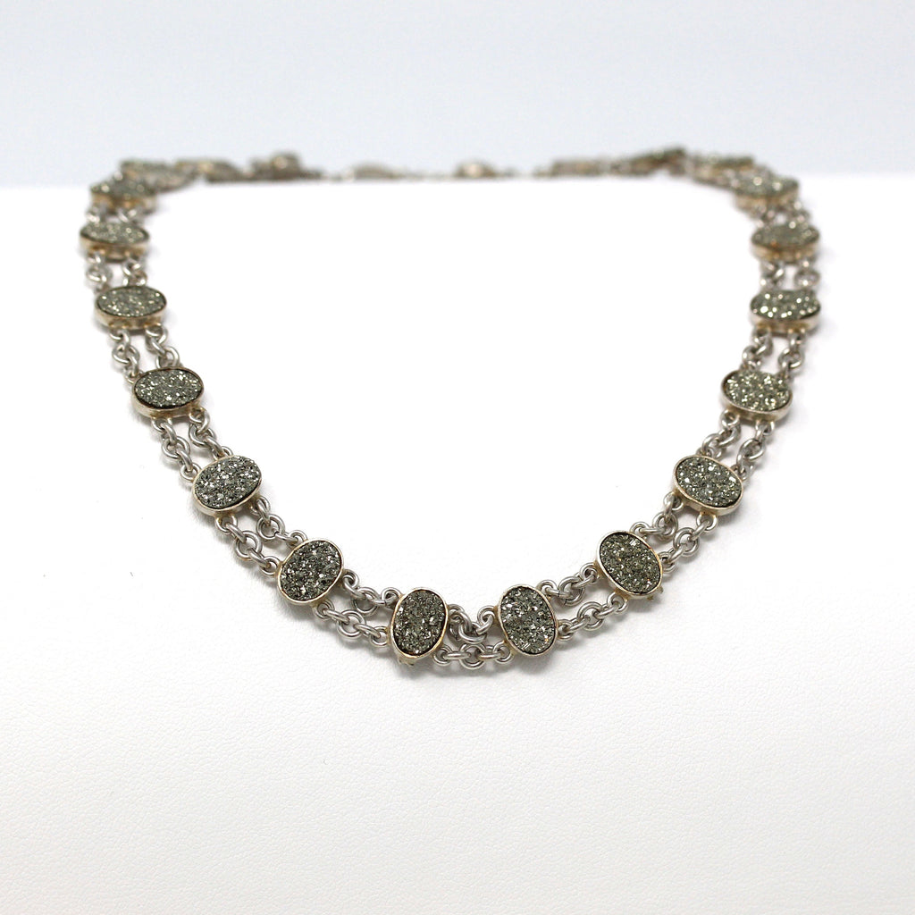 Sale - Pyrite Jewelry Set - Art Deco Sterling Silver Druzy Crystal Cluster Choker Necklace Bracelet - Antique 1920s Sparkling Parure Jewelry