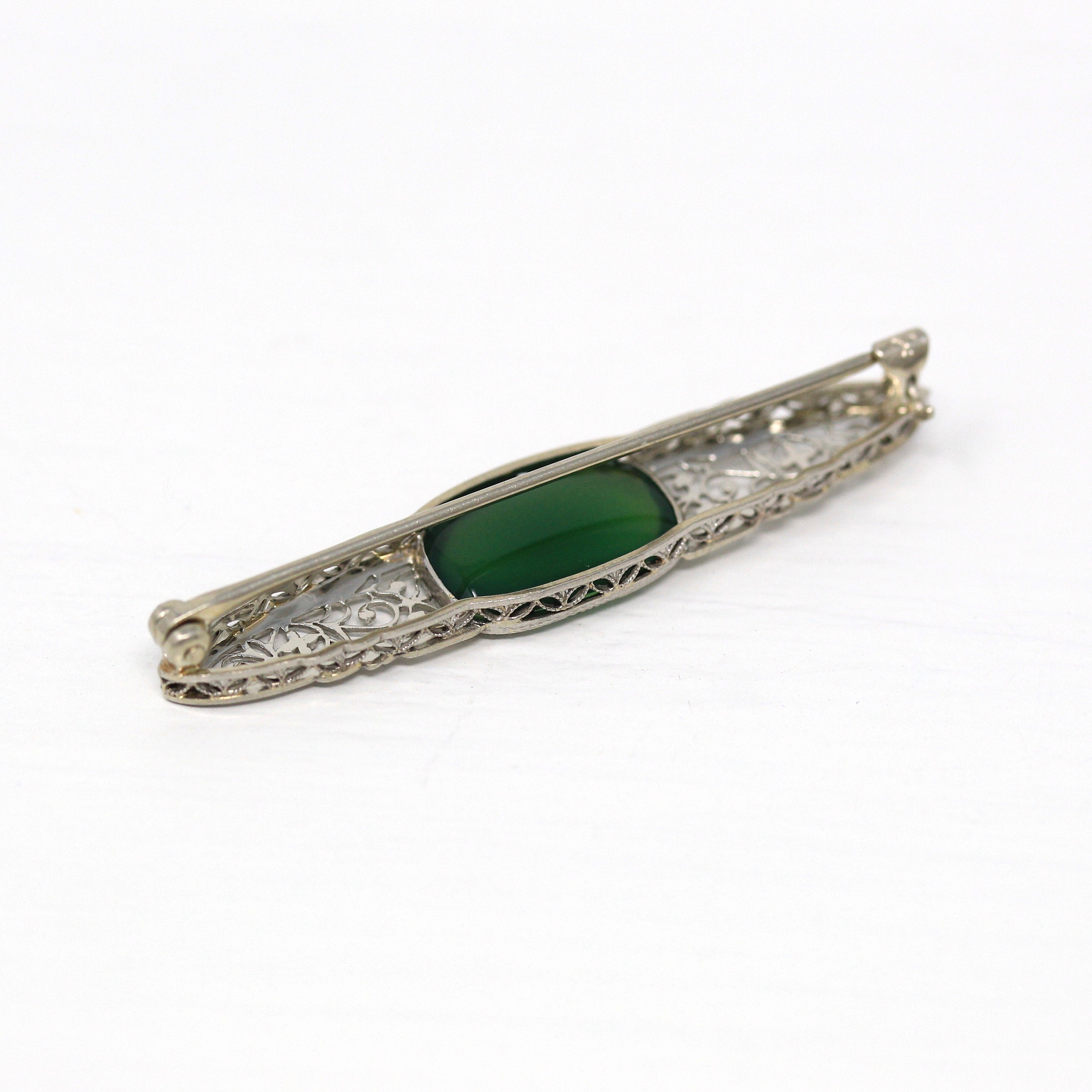 Art Deco Pin - Antique 14k White Gold Green Chalcedony Gemstone Brooch - Vintage 1920s Era Filigree Genuine Gem Statement Fine 20s Jewelry