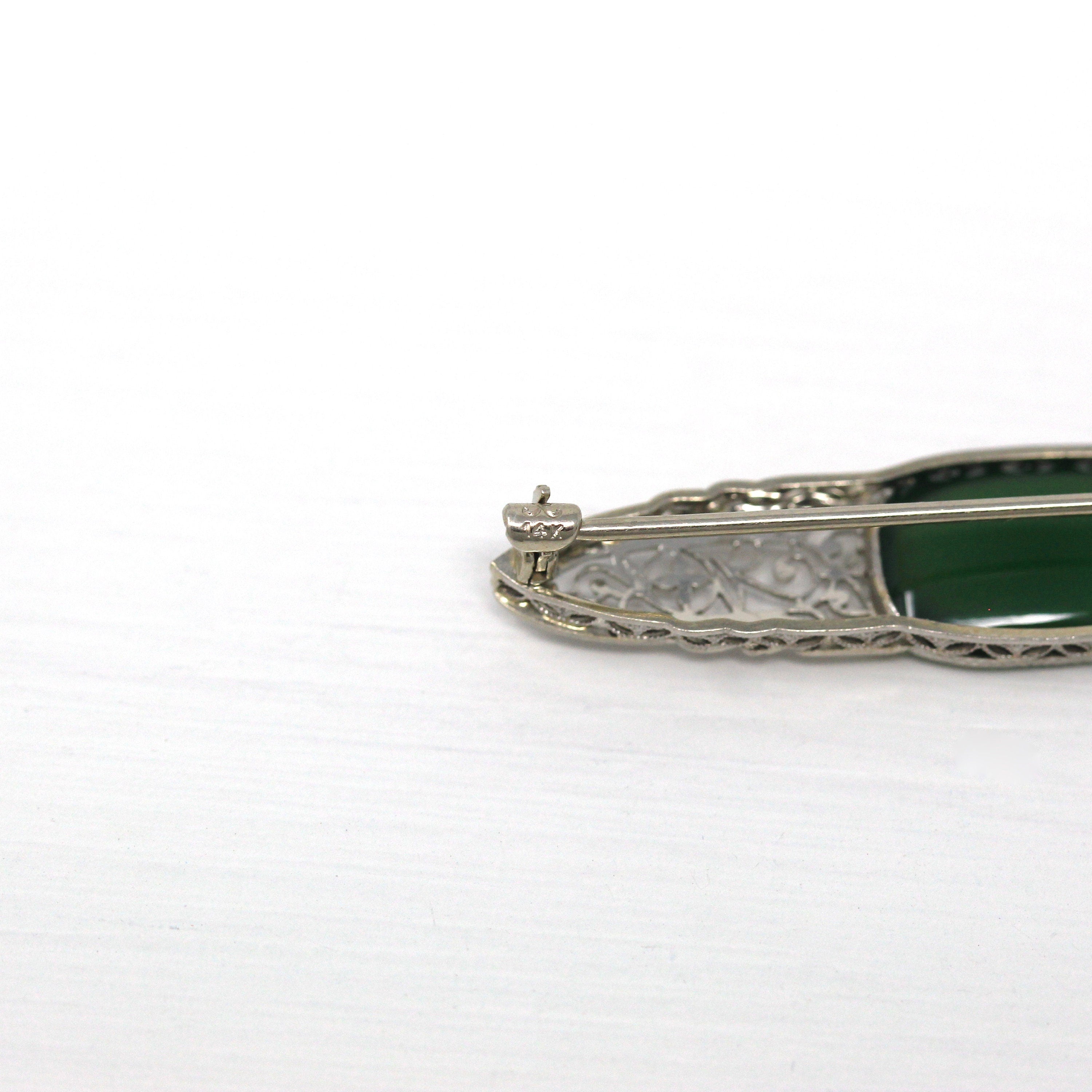 Art Deco Pin - Antique 14k White Gold Green Chalcedony Gemstone Brooch - Vintage 1920s Era Filigree Genuine Gem Statement Fine 20s Jewelry