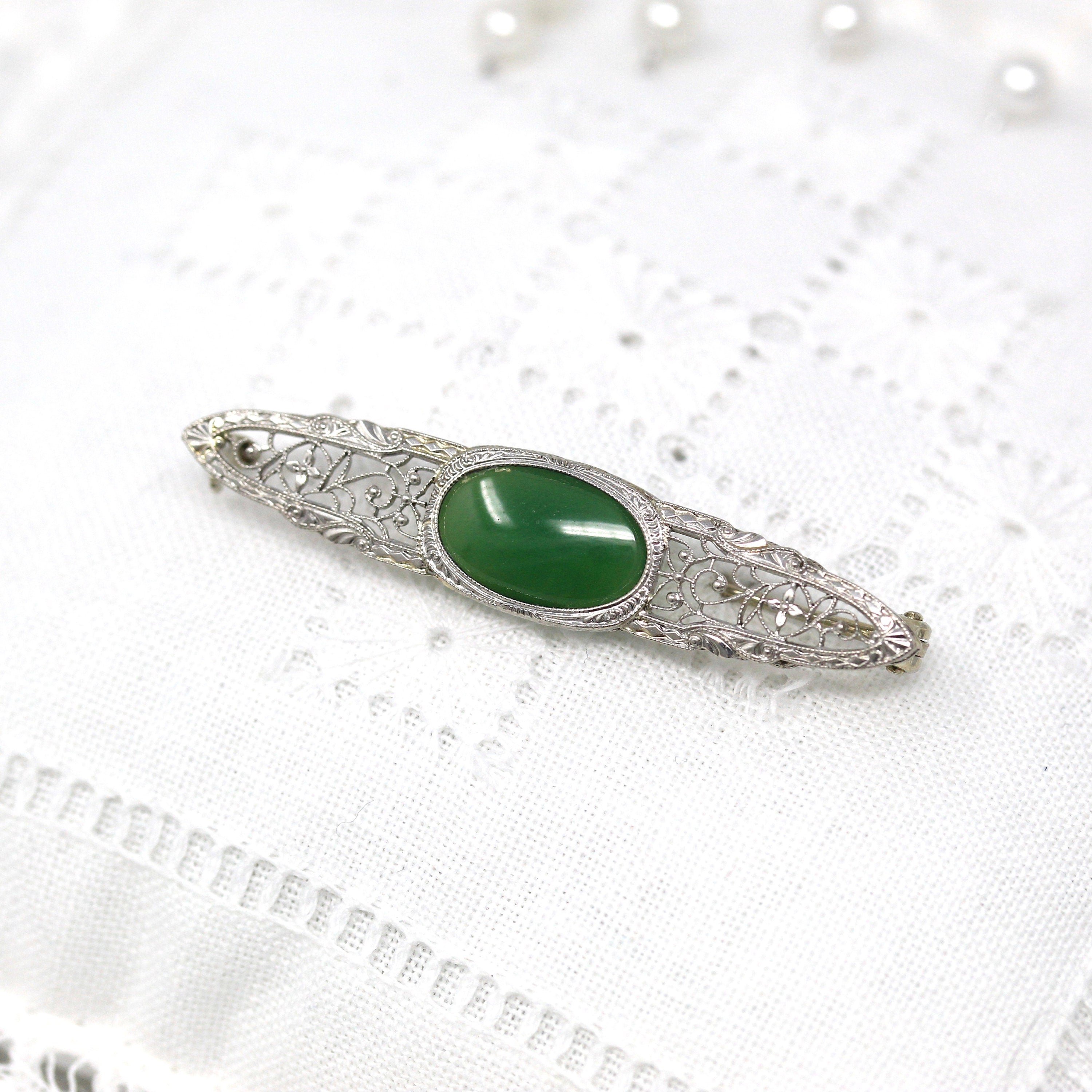 Art Deco Pin - Antique 14k White Gold Green Chalcedony Gemstone Brooch - Vintage 1920s Era Filigree Genuine Gem Statement Fine 20s Jewelry