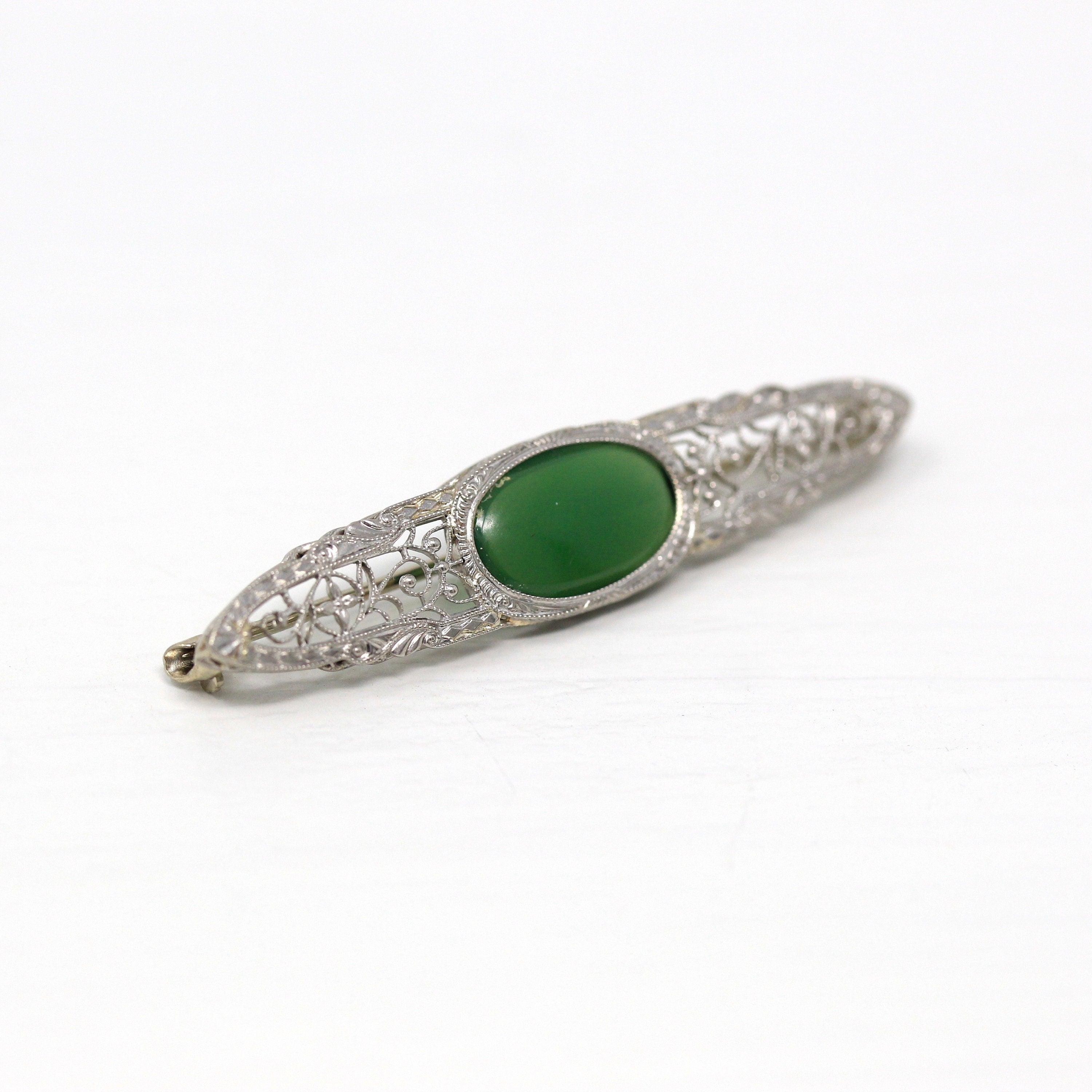Art Deco Pin - Antique 14k White Gold Green Chalcedony Gemstone Brooch - Vintage 1920s Era Filigree Genuine Gem Statement Fine 20s Jewelry