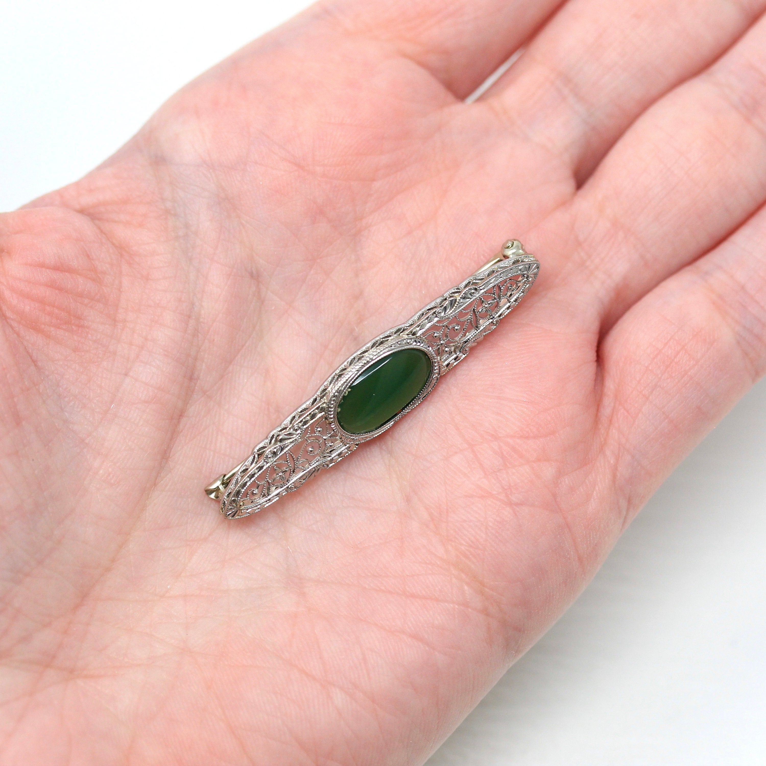 Art Deco Pin - Antique 14k White Gold Green Chalcedony Gemstone Brooch - Vintage 1920s Era Filigree Genuine Gem Statement Fine 20s Jewelry