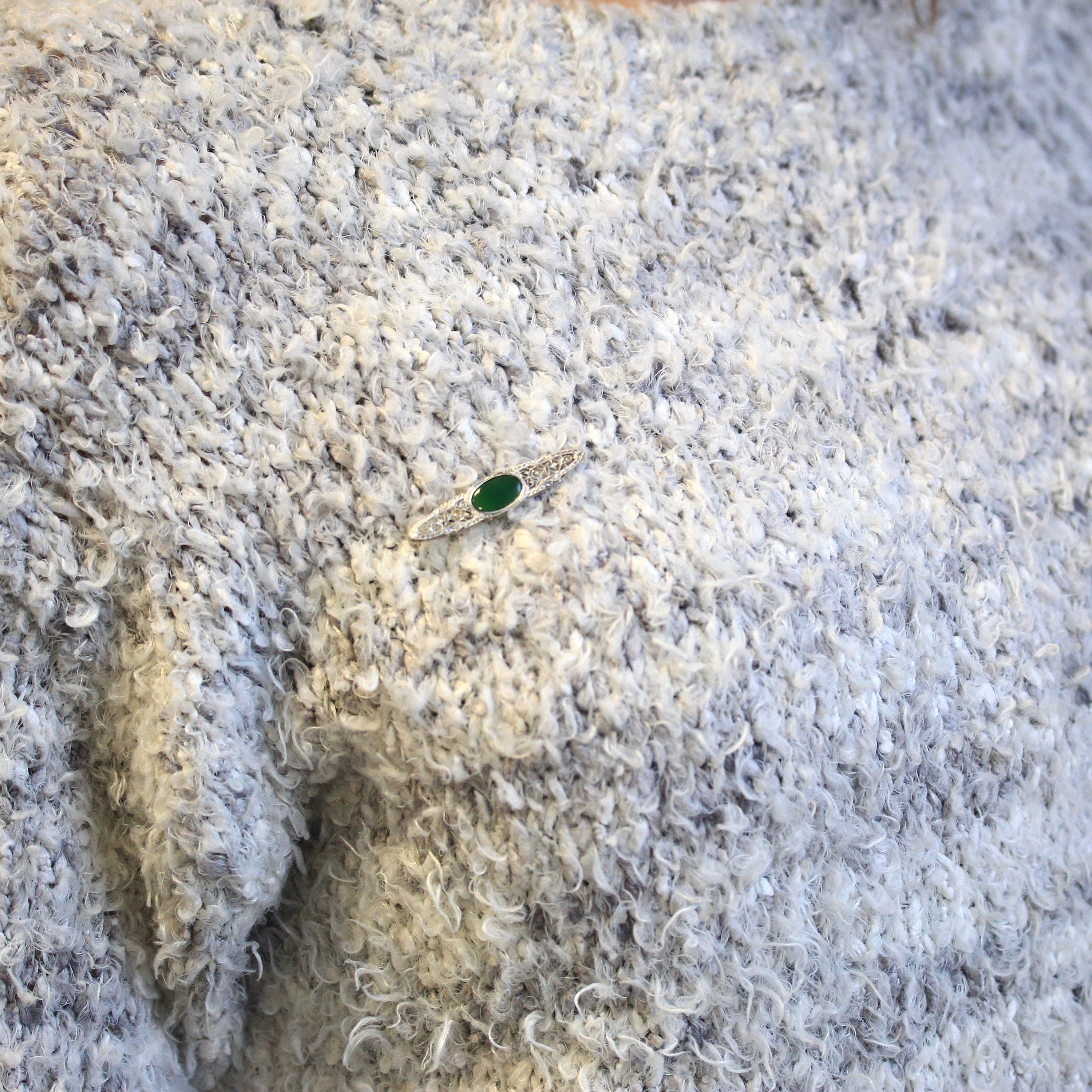 Art Deco Pin - Antique 14k White Gold Green Chalcedony Gemstone Brooch - Vintage 1920s Era Filigree Genuine Gem Statement Fine 20s Jewelry