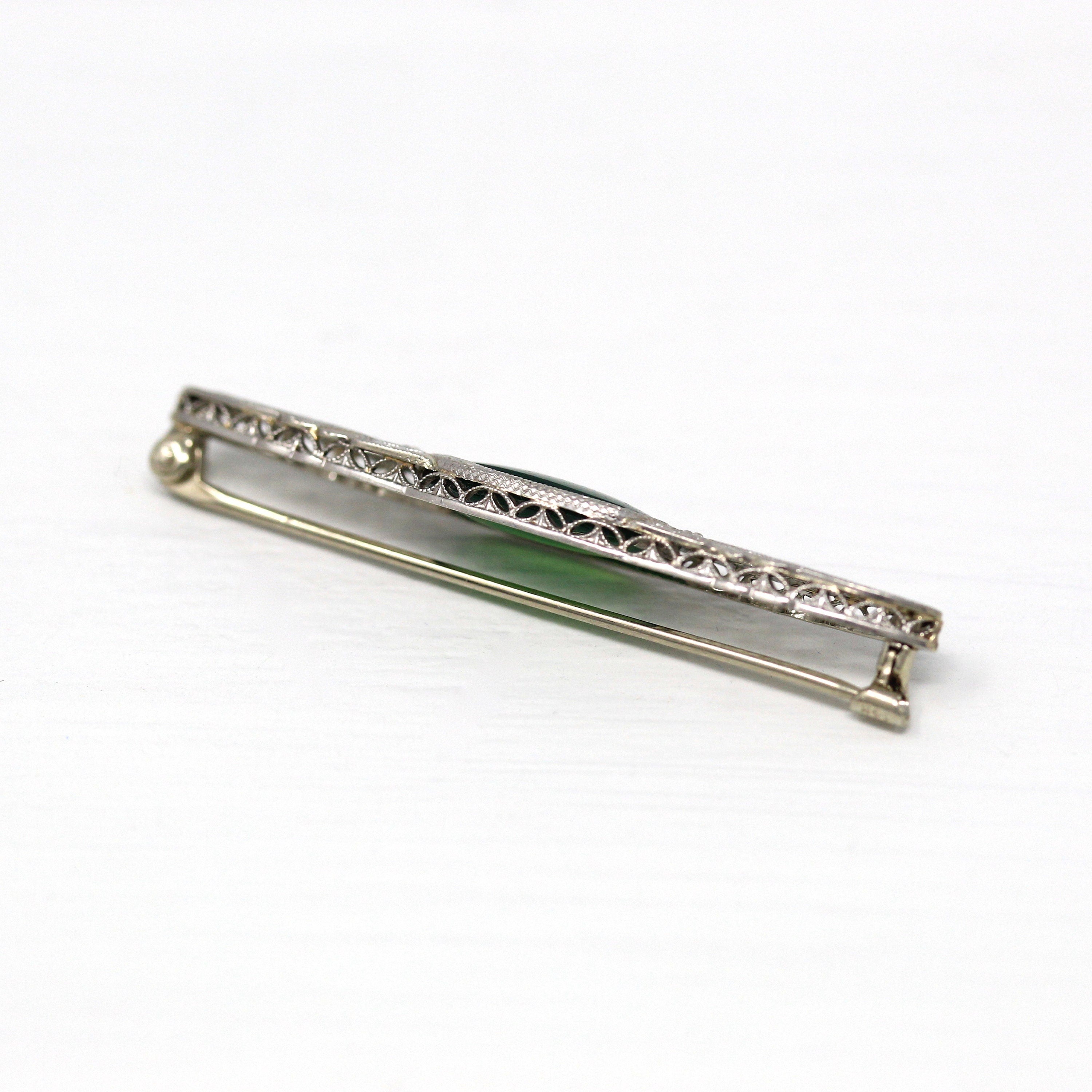 Art Deco Pin - Antique 14k White Gold Green Chalcedony Gemstone Brooch - Vintage 1920s Era Filigree Genuine Gem Statement Fine 20s Jewelry