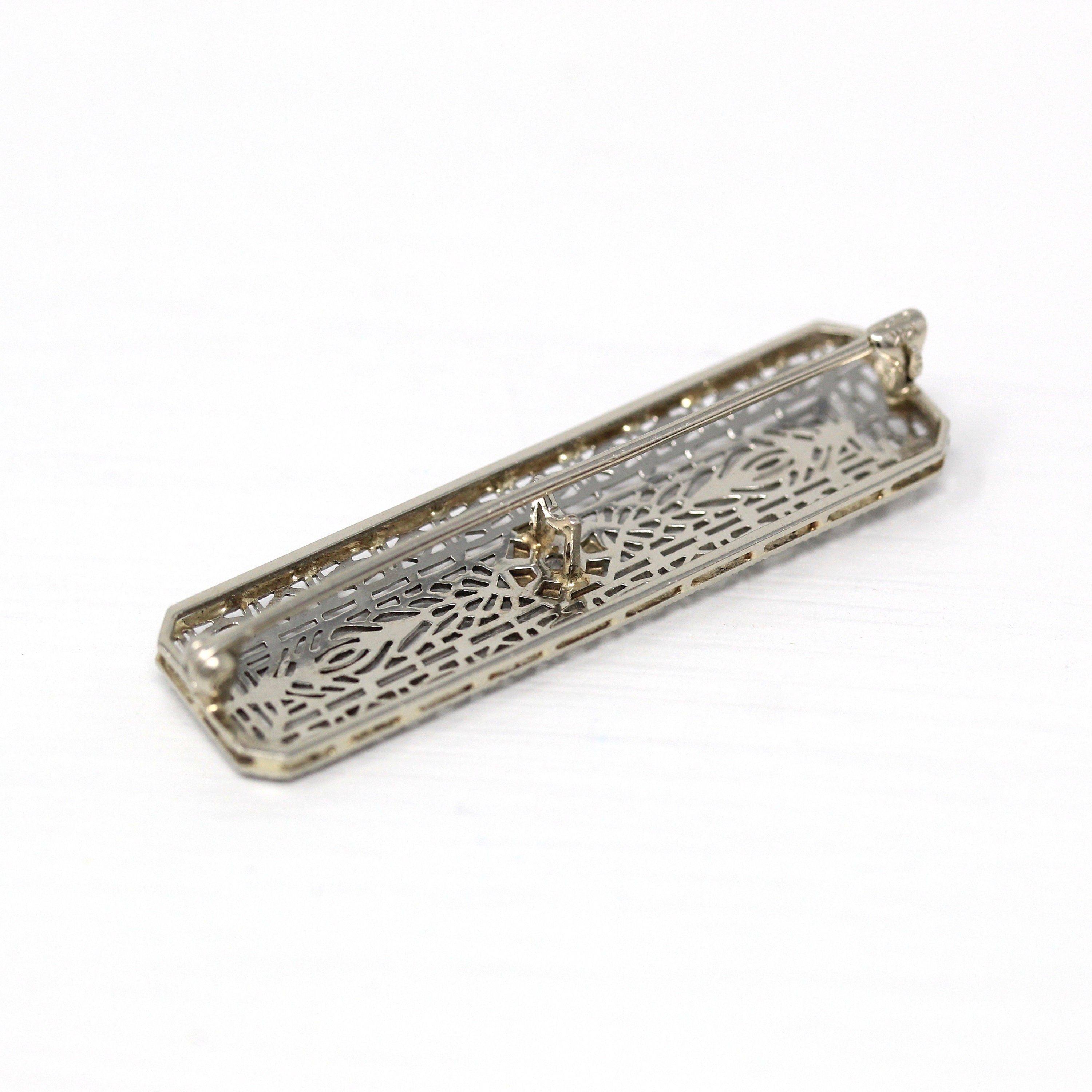 Art Deco Brooch - Antique 14k White Gold Filigree Genuine .02 CT Old European Diamond Pin - Circa 1920s Era Fashion Accessory Fine Jewelry