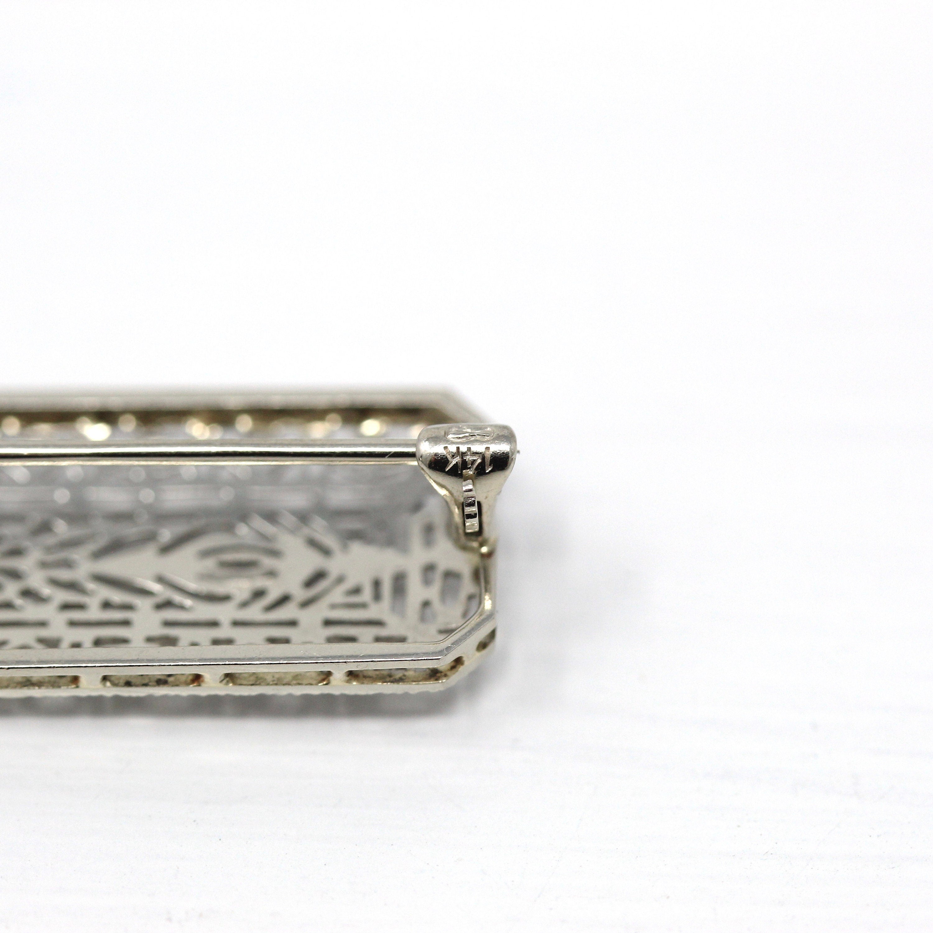 Art Deco Brooch - Antique 14k White Gold Filigree Genuine .02 CT Old European Diamond Pin - Circa 1920s Era Fashion Accessory Fine Jewelry