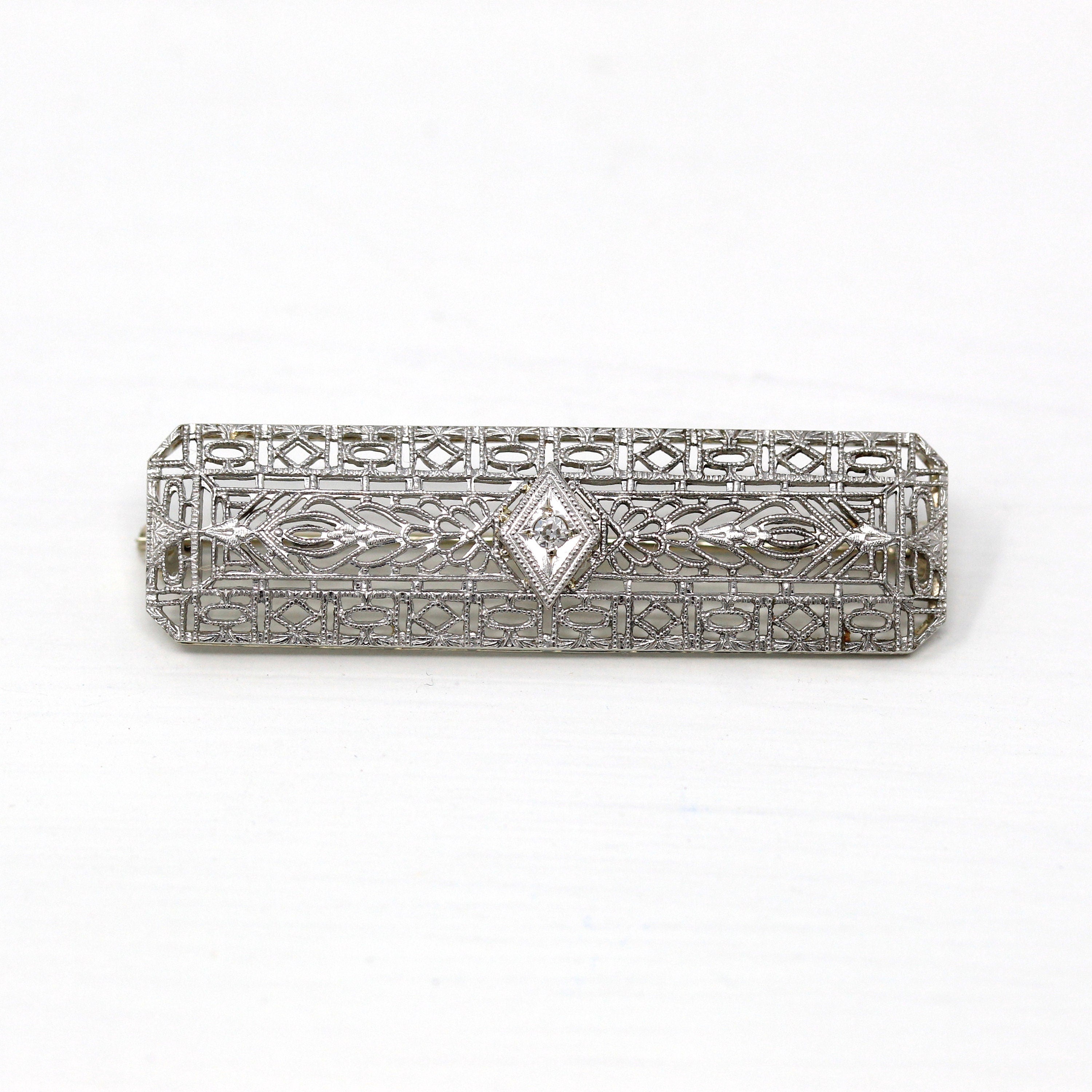 Art Deco Brooch - Antique 14k White Gold Filigree Genuine .02 CT Old European Diamond Pin - Circa 1920s Era Fashion Accessory Fine Jewelry