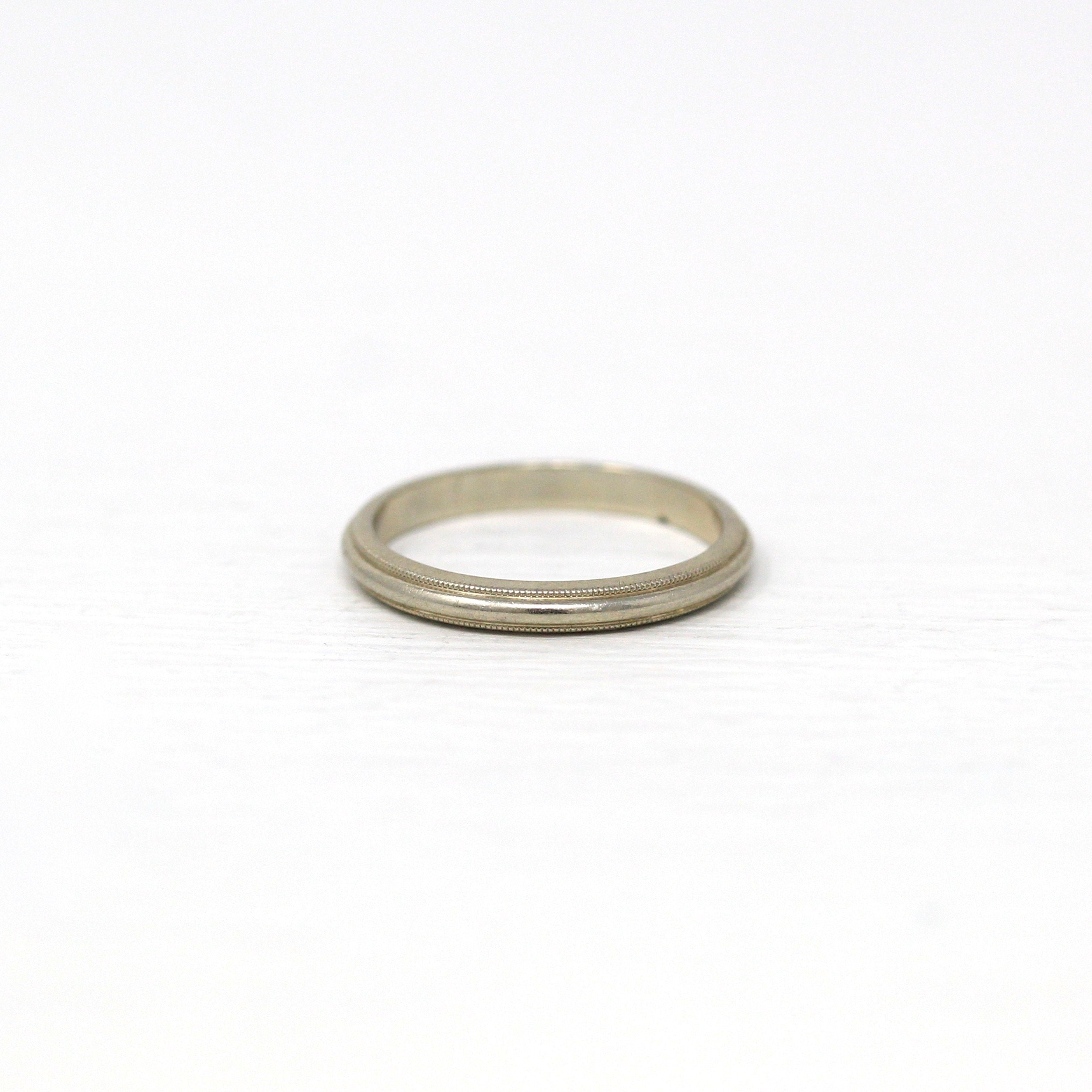 Estate Wedding Band - Modern 14k White Gold Milgrain Eternity Designs Ring - Circa 1980s Era Size 4 3/4 Stacking Style Stief Fine Jewelry
