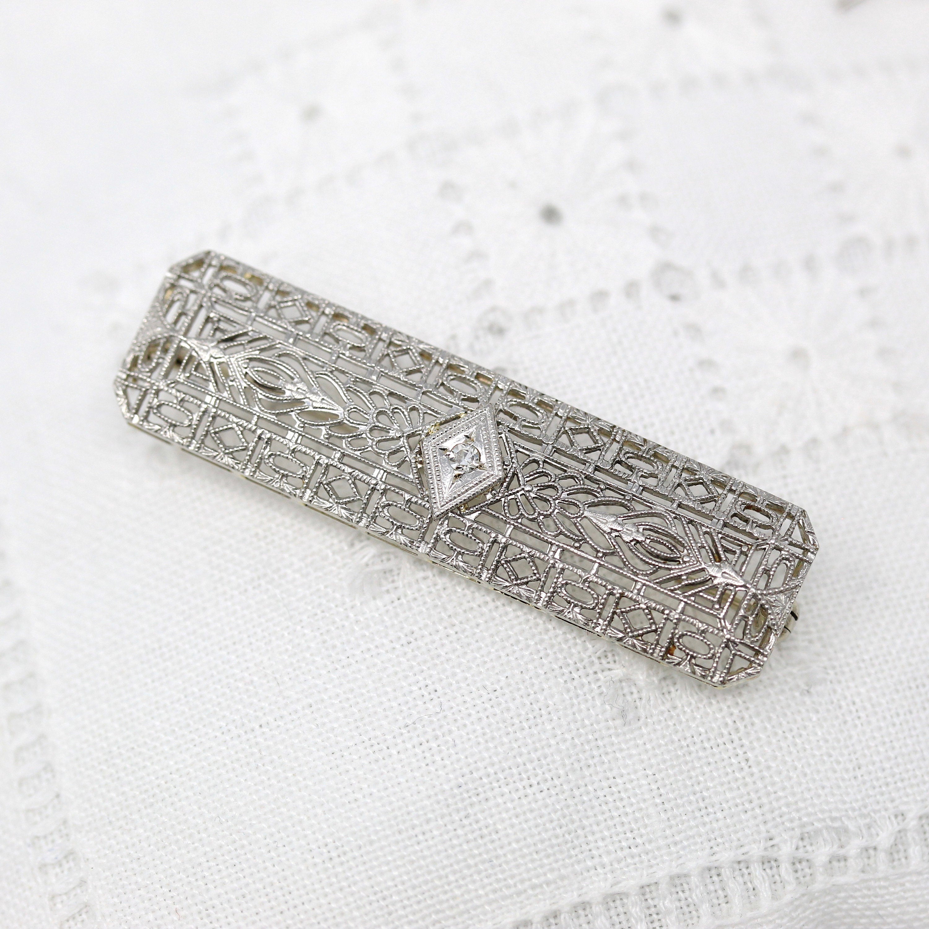 Art Deco Brooch - Antique 14k White Gold Filigree Genuine .02 CT Old European Diamond Pin - Circa 1920s Era Fashion Accessory Fine Jewelry