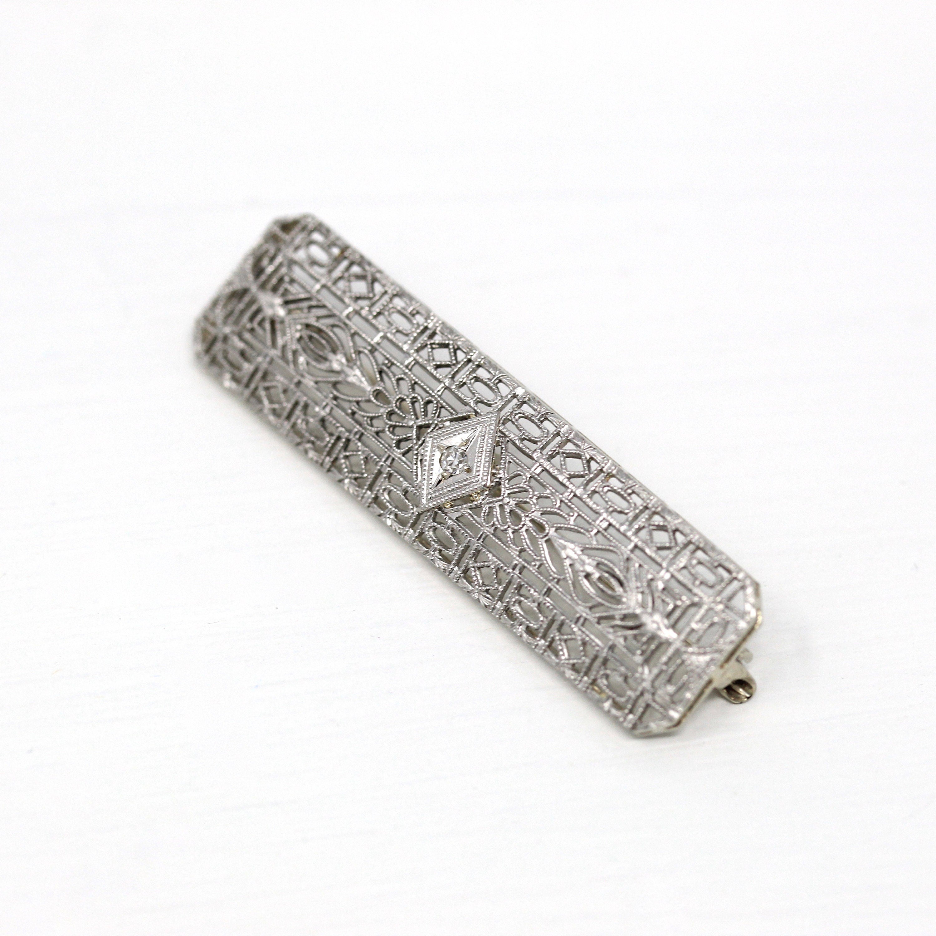 Art Deco Brooch - Antique 14k White Gold Filigree Genuine .02 CT Old European Diamond Pin - Circa 1920s Era Fashion Accessory Fine Jewelry