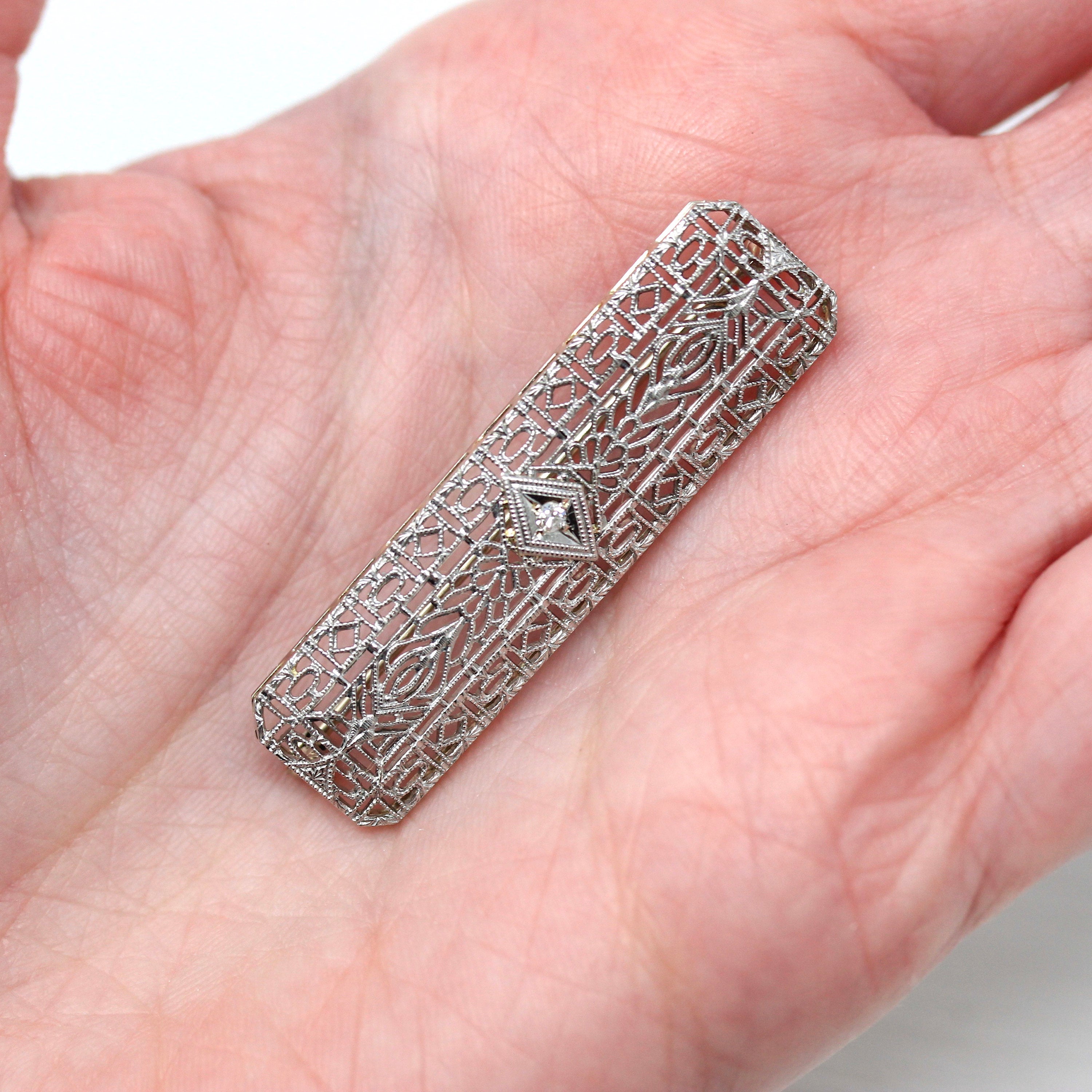 Art Deco Brooch - Antique 14k White Gold Filigree Genuine .02 CT Old European Diamond Pin - Circa 1920s Era Fashion Accessory Fine Jewelry