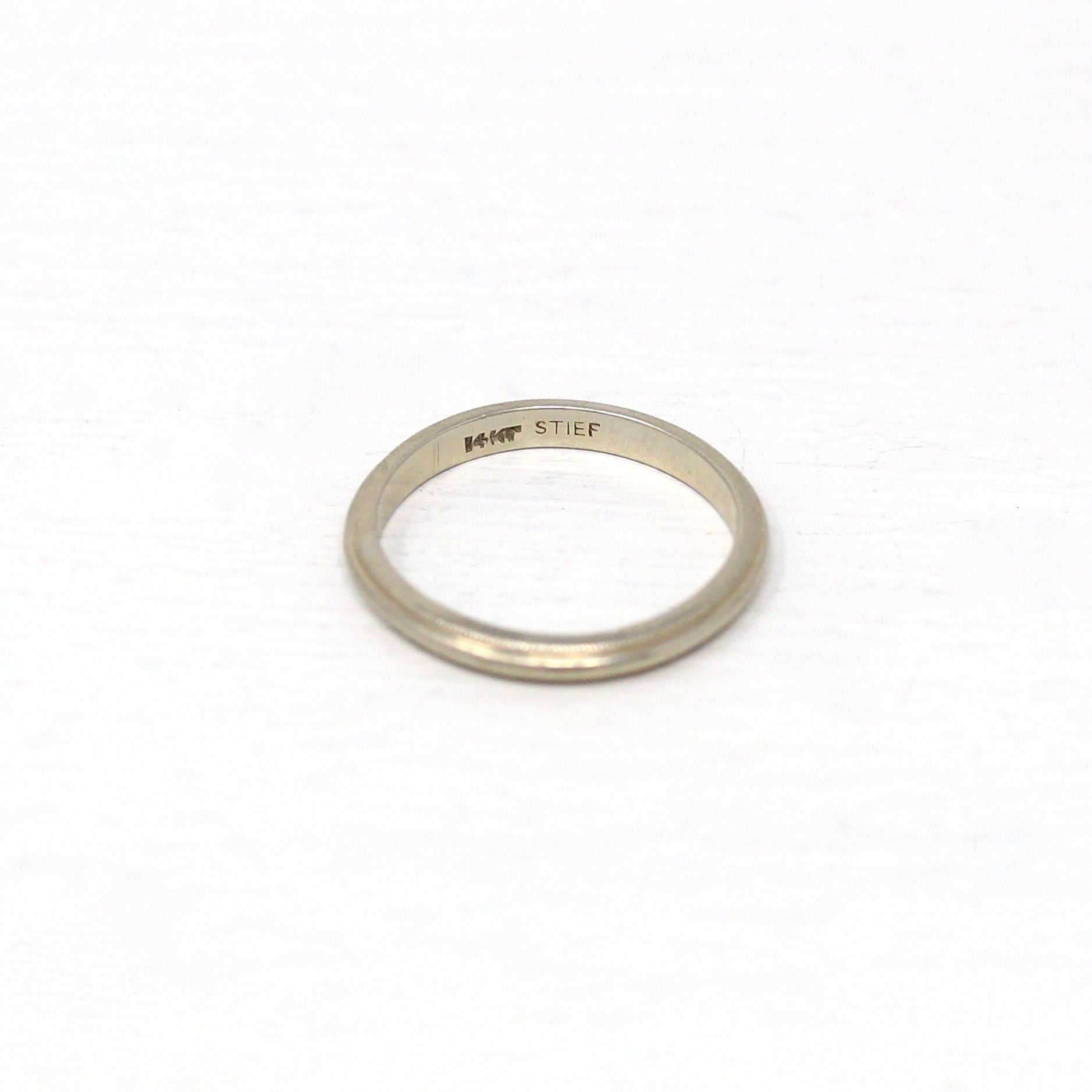 Estate Wedding Band - Modern 14k White Gold Milgrain Eternity Designs Ring - Circa 1980s Era Size 4 3/4 Stacking Style Stief Fine Jewelry