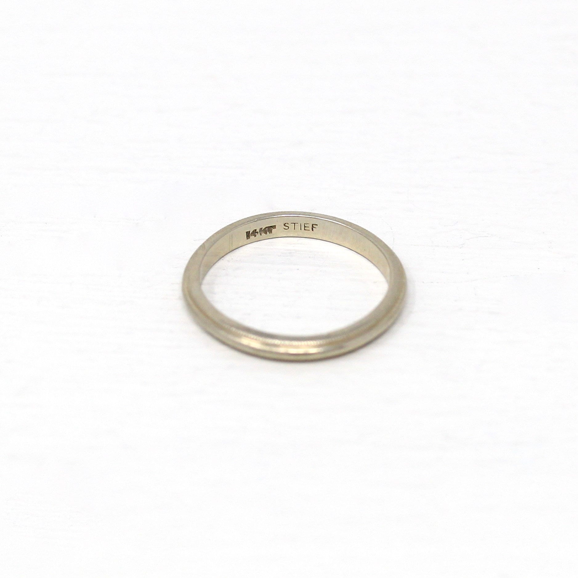 Estate Wedding Band - Modern 14k White Gold Milgrain Eternity Designs Ring - Circa 1980s Era Size 4 3/4 Stacking Style Stief Fine Jewelry