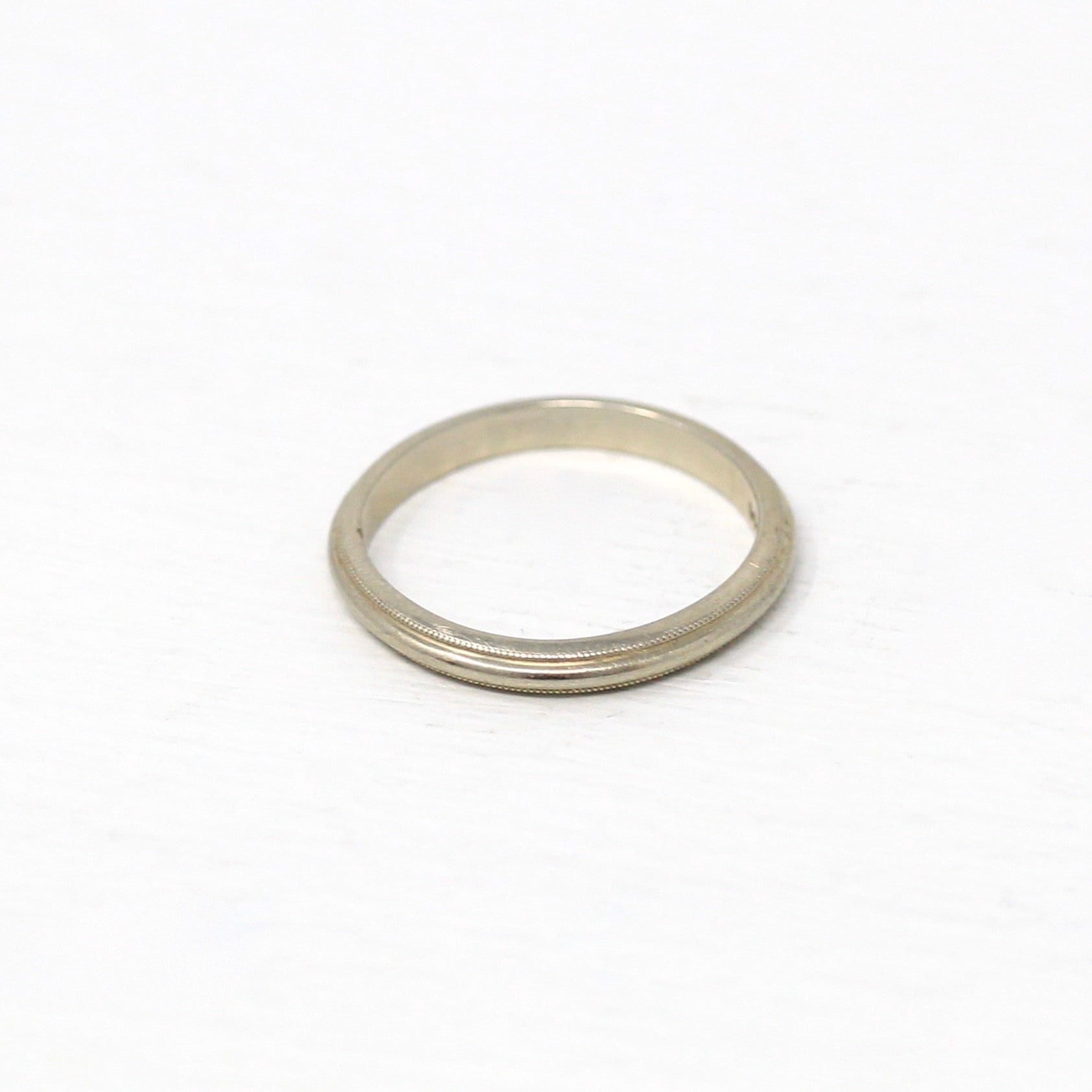 Estate Wedding Band - Modern 14k White Gold Milgrain Eternity Designs Ring - Circa 1980s Era Size 4 3/4 Stacking Style Stief Fine Jewelry