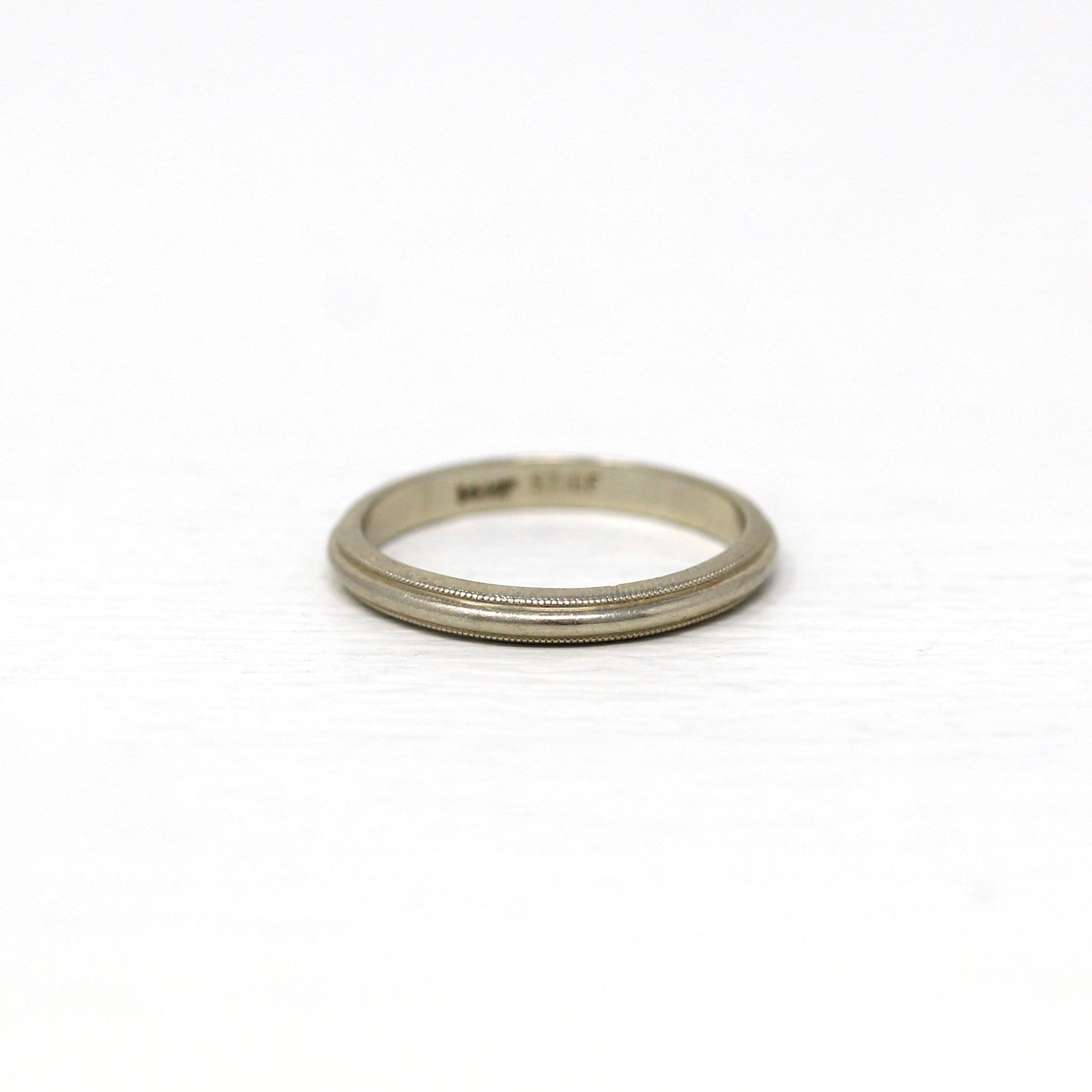 Estate Wedding Band - Modern 14k White Gold Milgrain Eternity Designs Ring - Circa 1980s Era Size 4 3/4 Stacking Style Stief Fine Jewelry