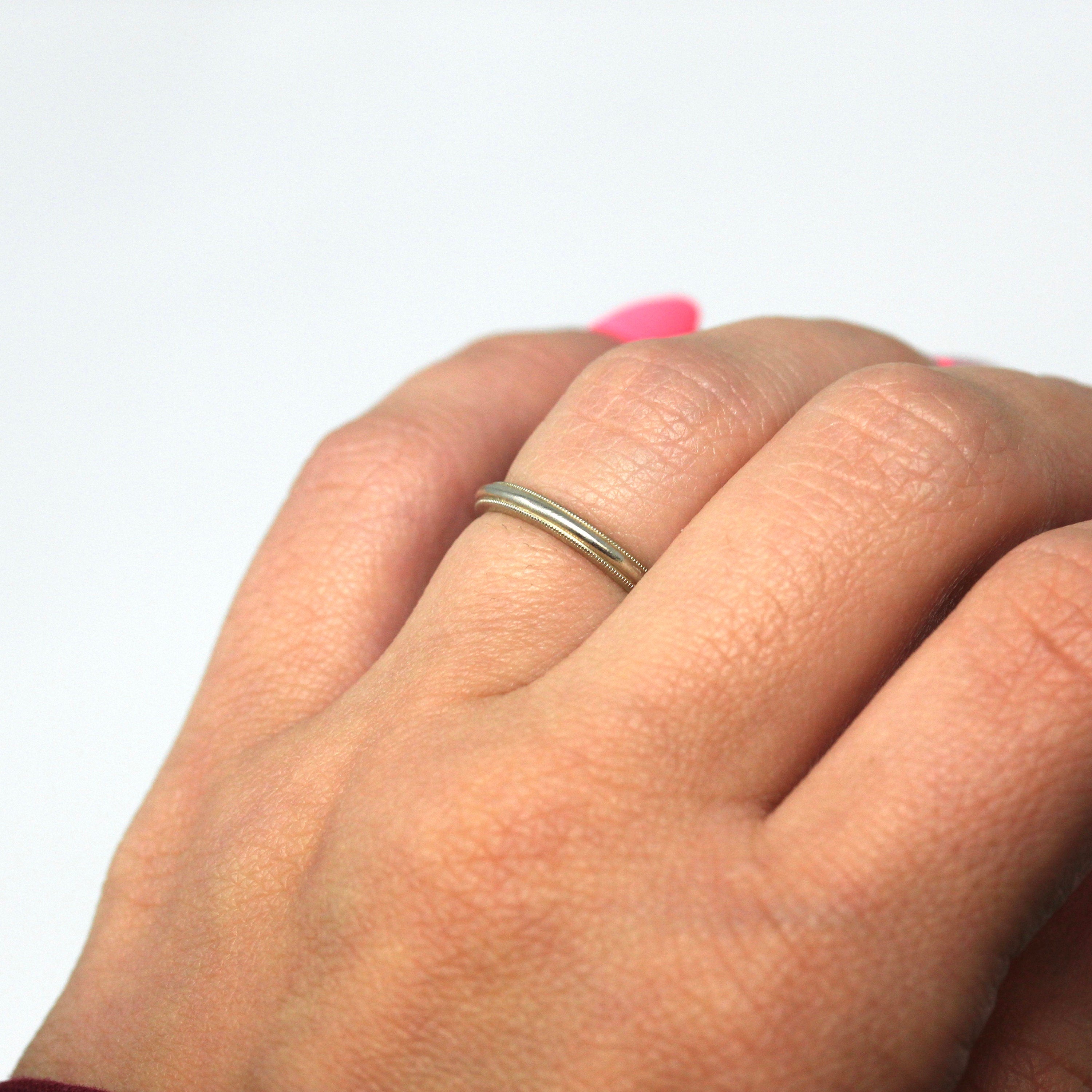 Estate Wedding Band - Modern 14k White Gold Milgrain Eternity Designs Ring - Circa 1980s Era Size 4 3/4 Stacking Style Stief Fine Jewelry