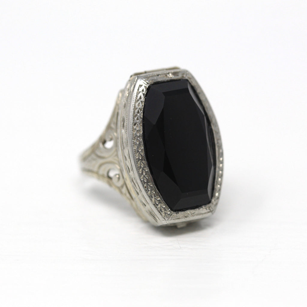 Sale - Art Deco Ring - Vintage 14k White Gold Fancy Cut Black Onyx Gemstone - Circa 1930s Size 4 1/2 Watch Conversion Filigree Fine Jewelry
