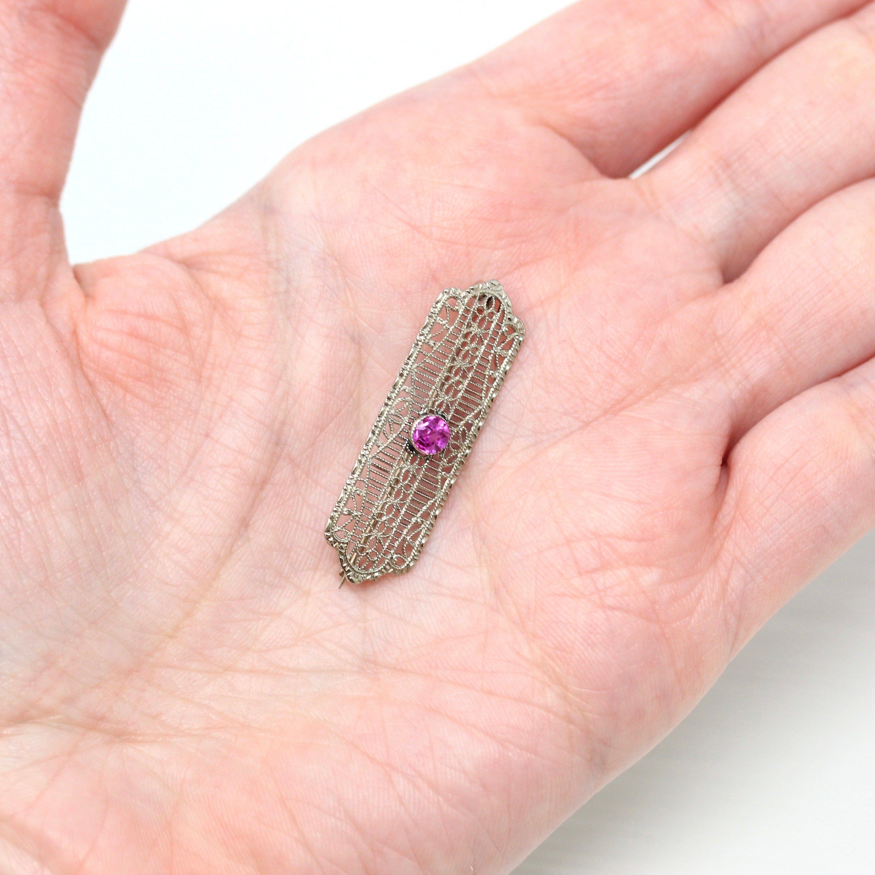 Art Deco Brooch - Vintage 10k White Gold Created Pink Sapphire .33 CT Stone Pin - Circa 1930s Era Filigree Fashion Accessory Fine Jewelry