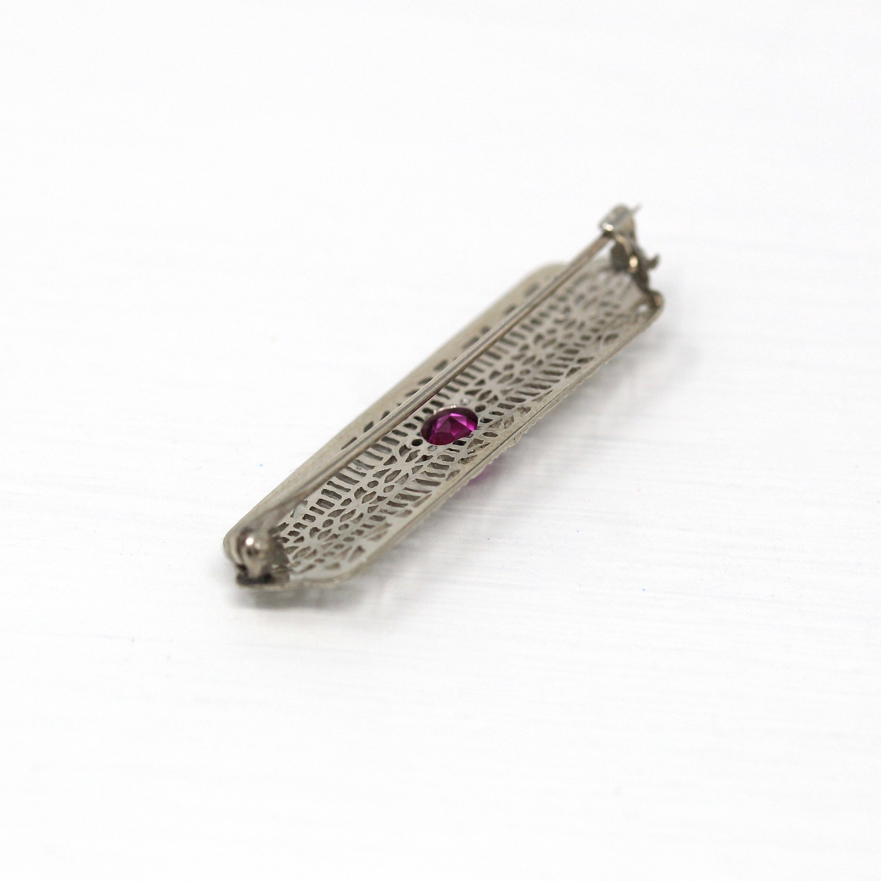Art Deco Brooch - Vintage 10k White Gold Created Pink Sapphire .33 CT Stone Pin - Circa 1930s Era Filigree Fashion Accessory Fine Jewelry