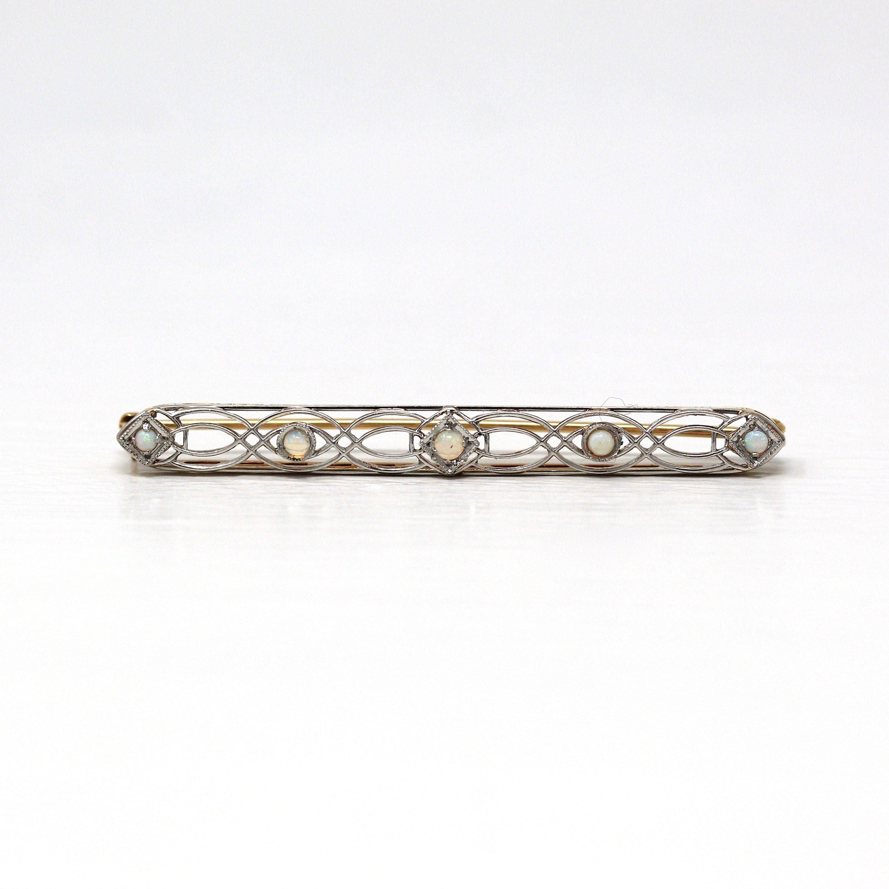 Vintage Opal Brooch - Antique 10k Yellow Gold & Platinum Long Pin - Vintage Circa 1930s Era Filigree Open Metal Statement Fine 30s Jewelry