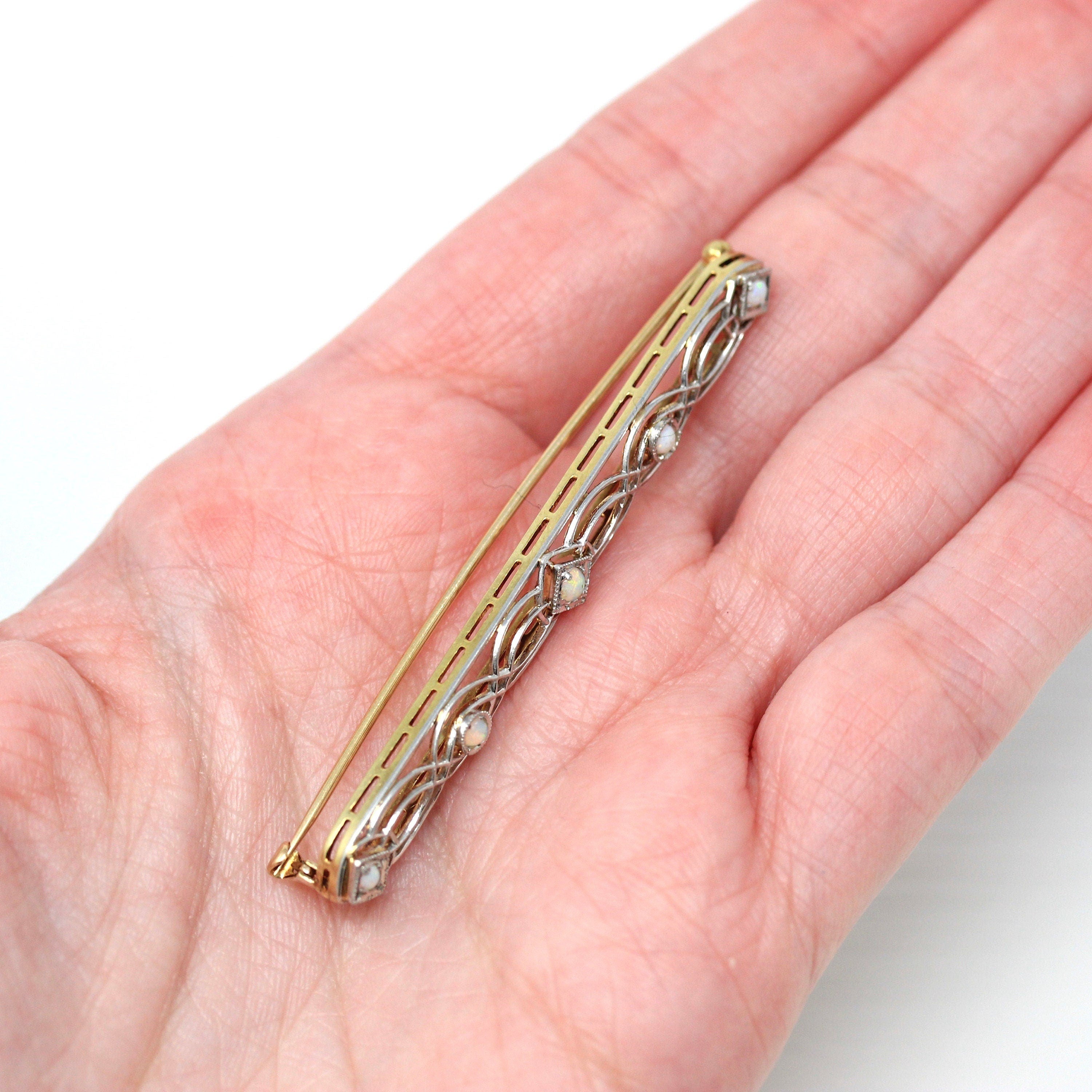 Vintage Opal Brooch - Antique 10k Yellow Gold & Platinum Long Pin - Vintage Circa 1930s Era Filigree Open Metal Statement Fine 30s Jewelry