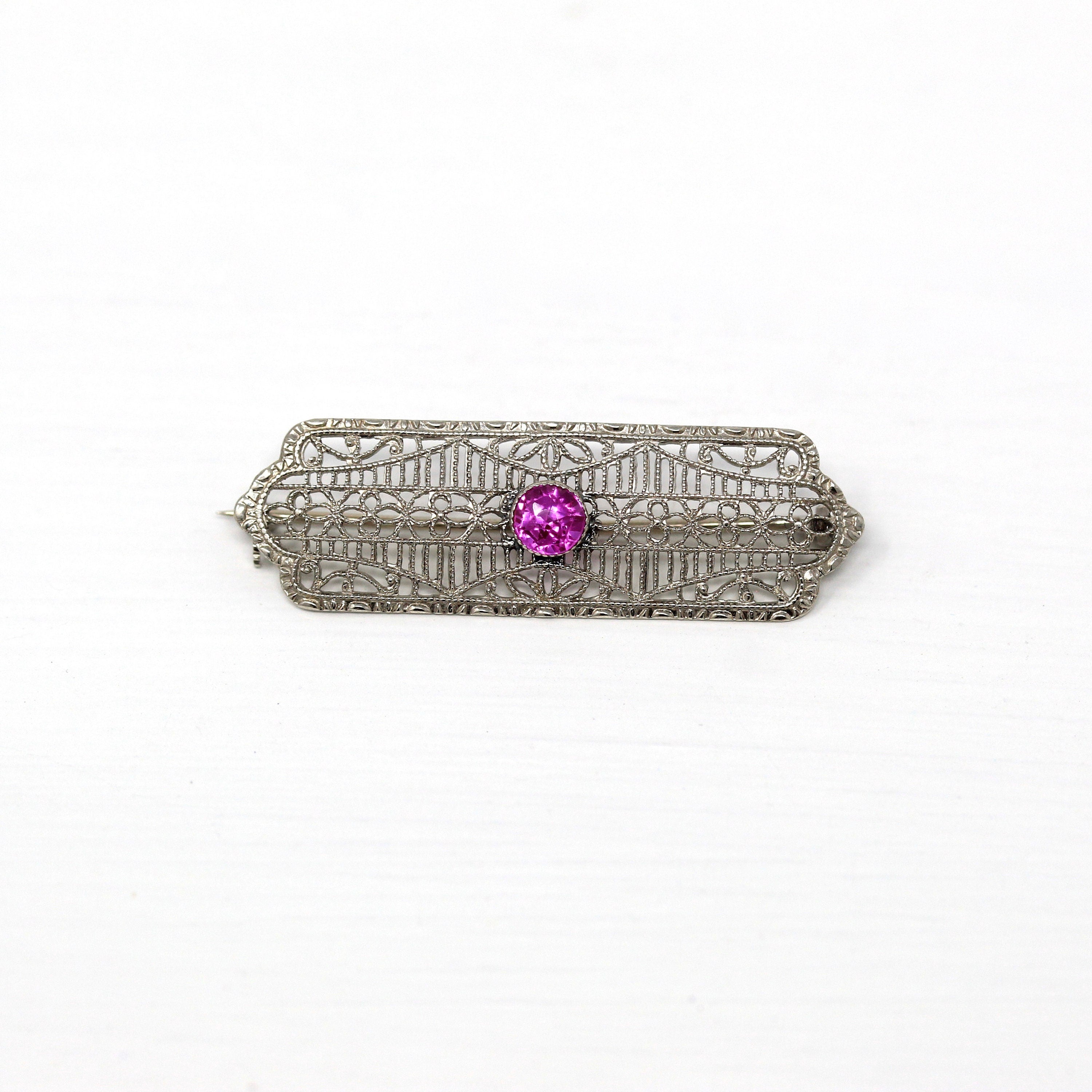 Art Deco Brooch - Vintage 10k White Gold Created Pink Sapphire .33 CT Stone Pin - Circa 1930s Era Filigree Fashion Accessory Fine Jewelry