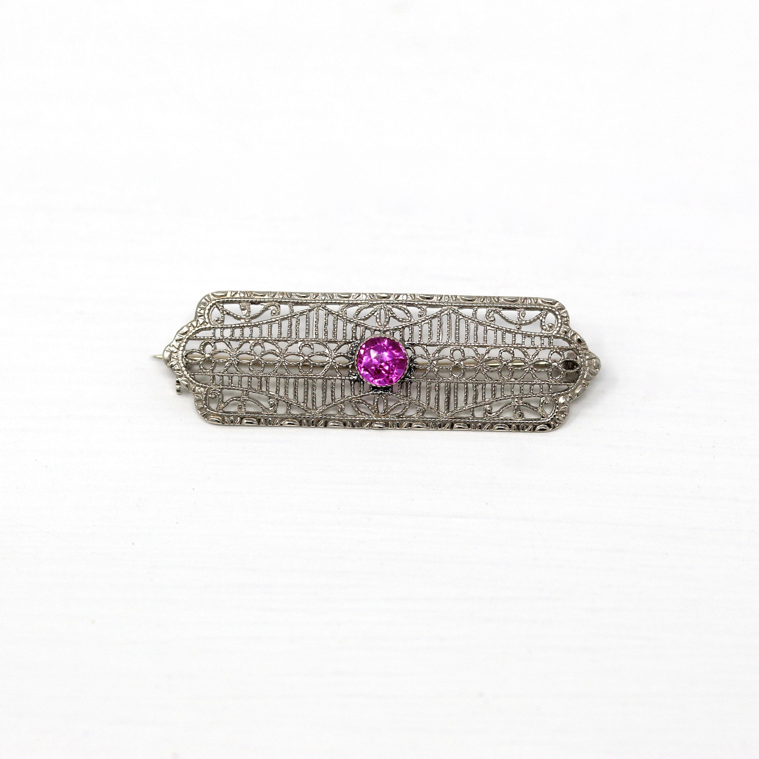 Art Deco Brooch - Vintage 10k White Gold Created Pink Sapphire .33 CT Stone Pin - Circa 1930s Era Filigree Fashion Accessory Fine Jewelry