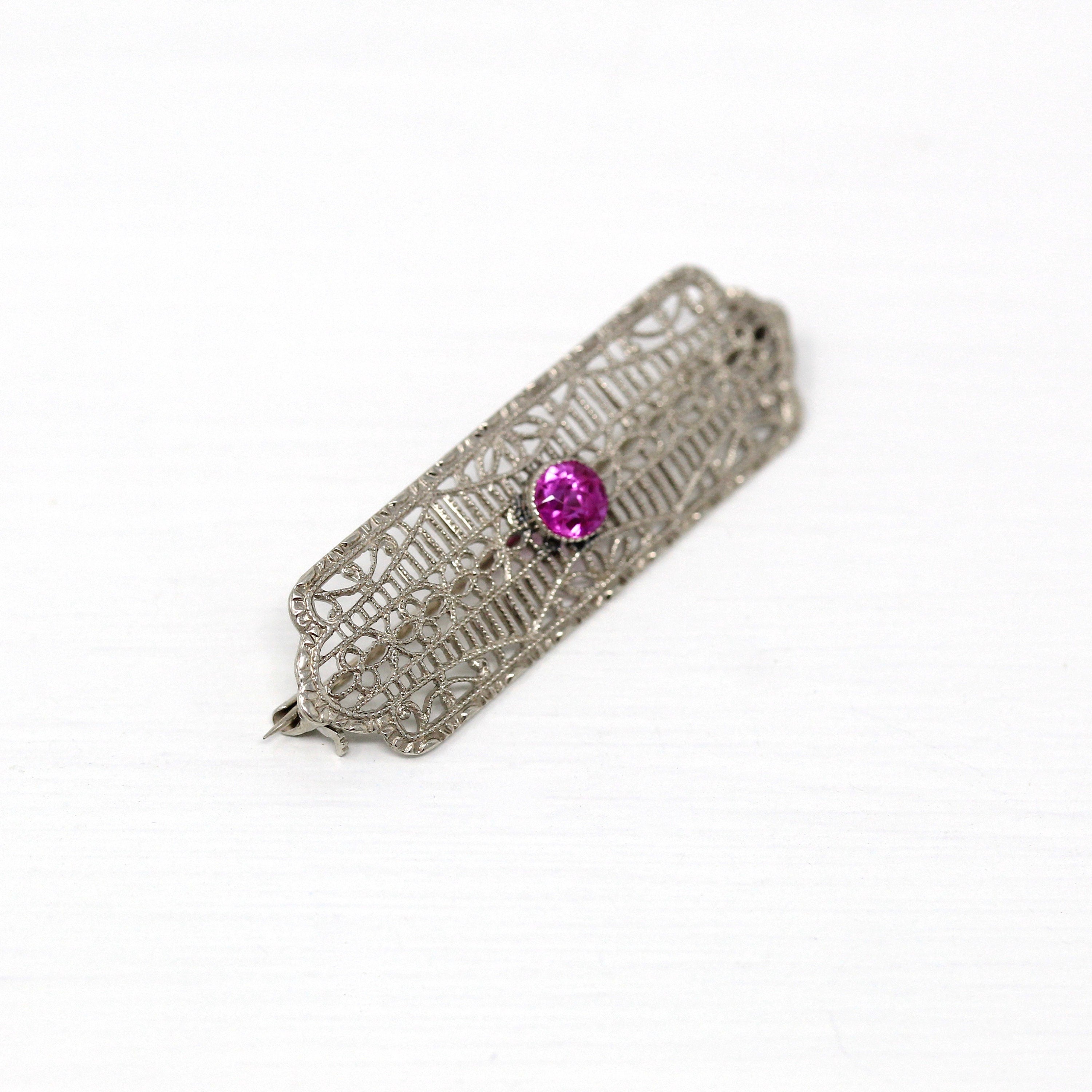 Art Deco Brooch - Vintage 10k White Gold Created Pink Sapphire .33 CT Stone Pin - Circa 1930s Era Filigree Fashion Accessory Fine Jewelry