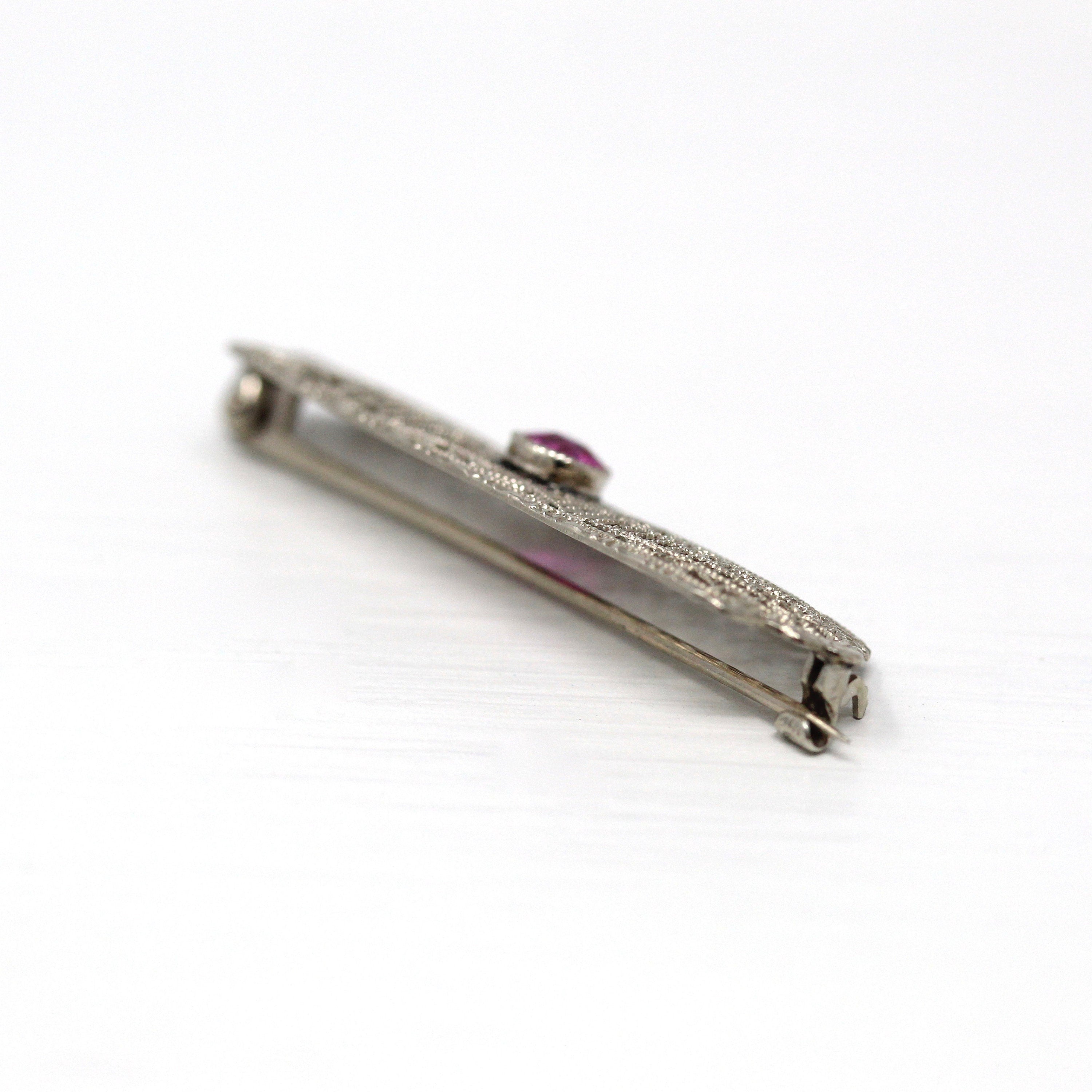 Art Deco Brooch - Vintage 10k White Gold Created Pink Sapphire .33 CT Stone Pin - Circa 1930s Era Filigree Fashion Accessory Fine Jewelry