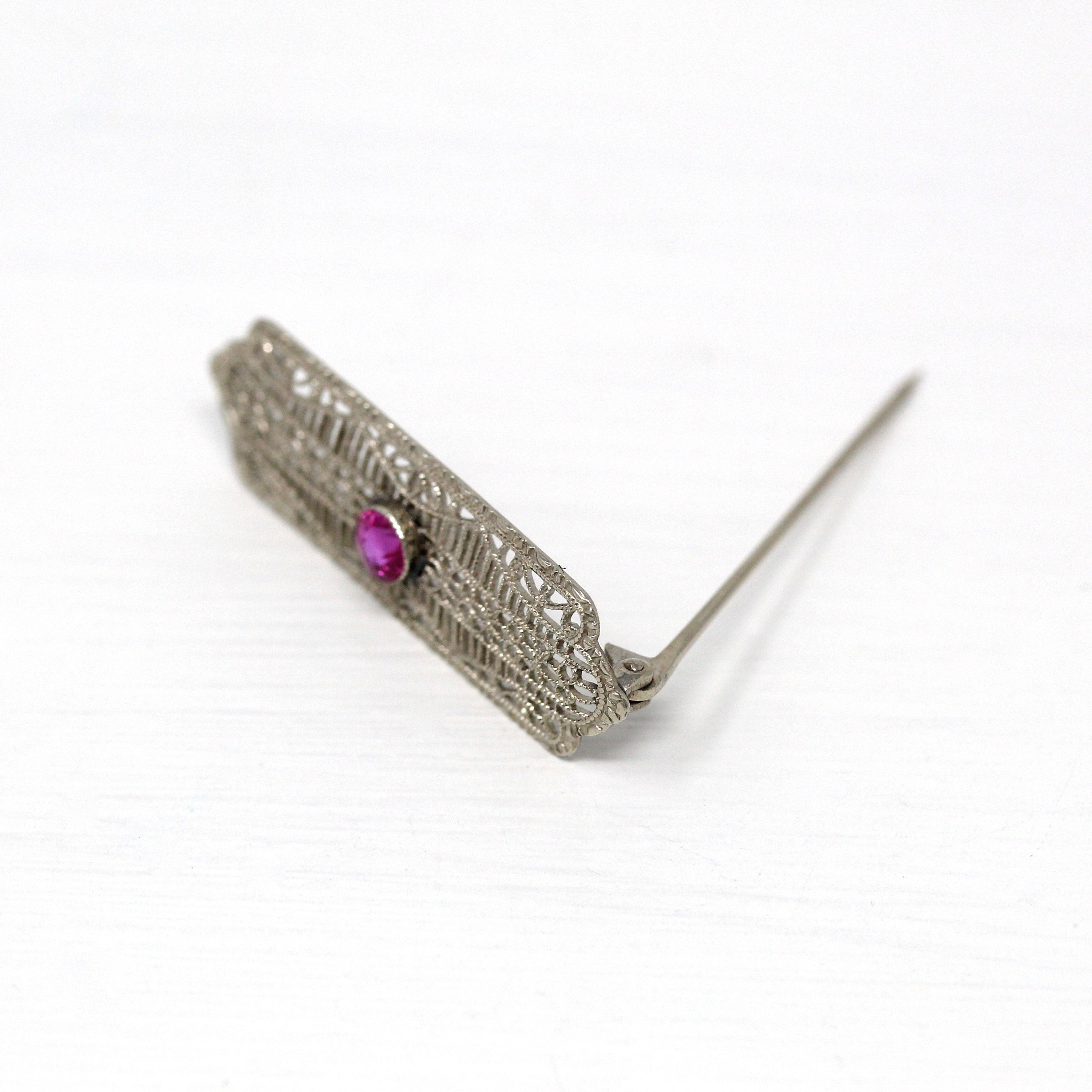 Art Deco Brooch - Vintage 10k White Gold Created Pink Sapphire .33 CT Stone Pin - Circa 1930s Era Filigree Fashion Accessory Fine Jewelry