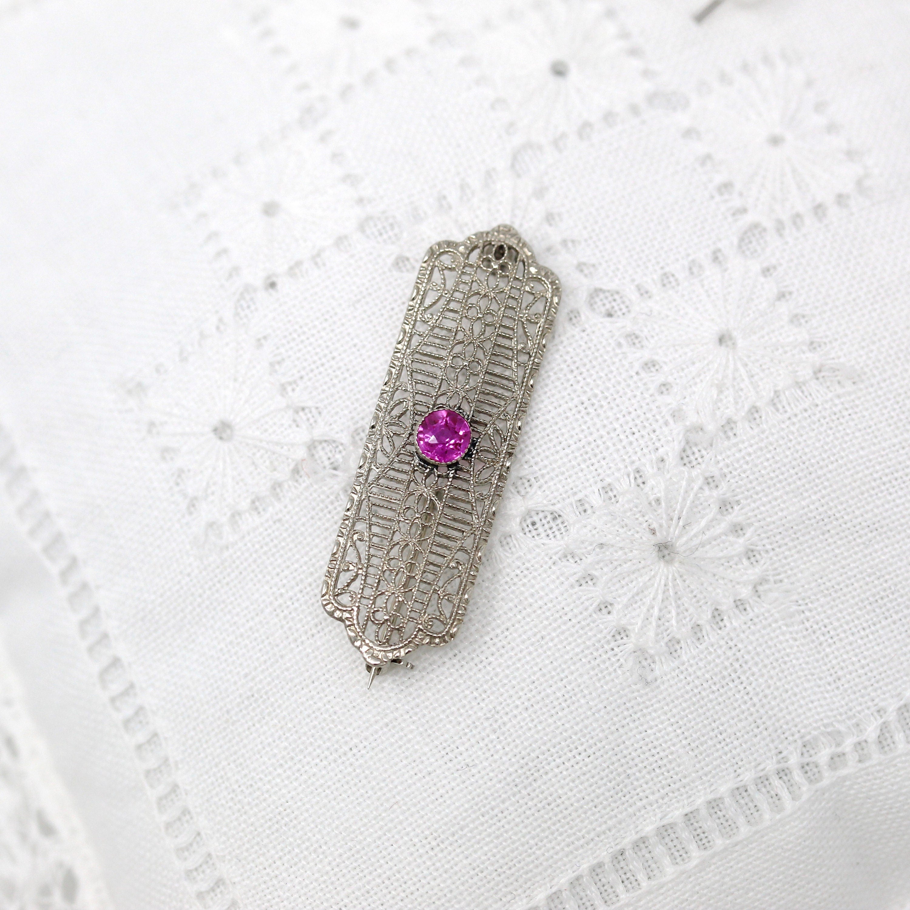 Art Deco Brooch - Vintage 10k White Gold Created Pink Sapphire .33 CT Stone Pin - Circa 1930s Era Filigree Fashion Accessory Fine Jewelry