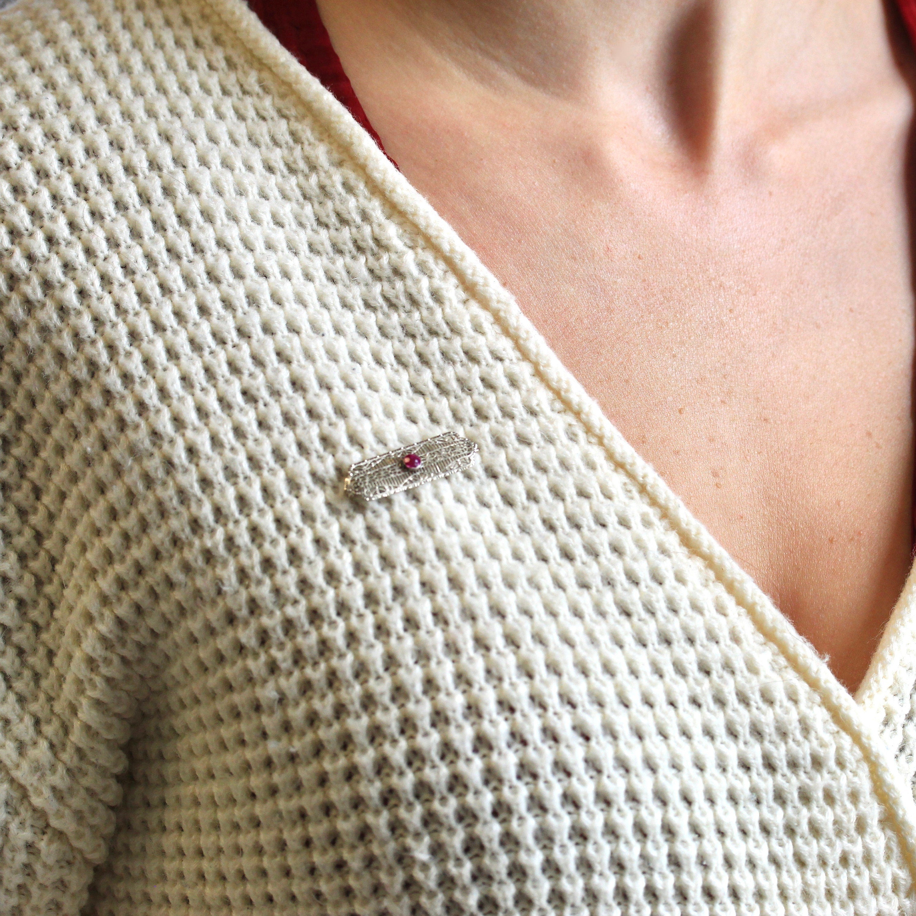 Art Deco Brooch - Vintage 10k White Gold Created Pink Sapphire .33 CT Stone Pin - Circa 1930s Era Filigree Fashion Accessory Fine Jewelry