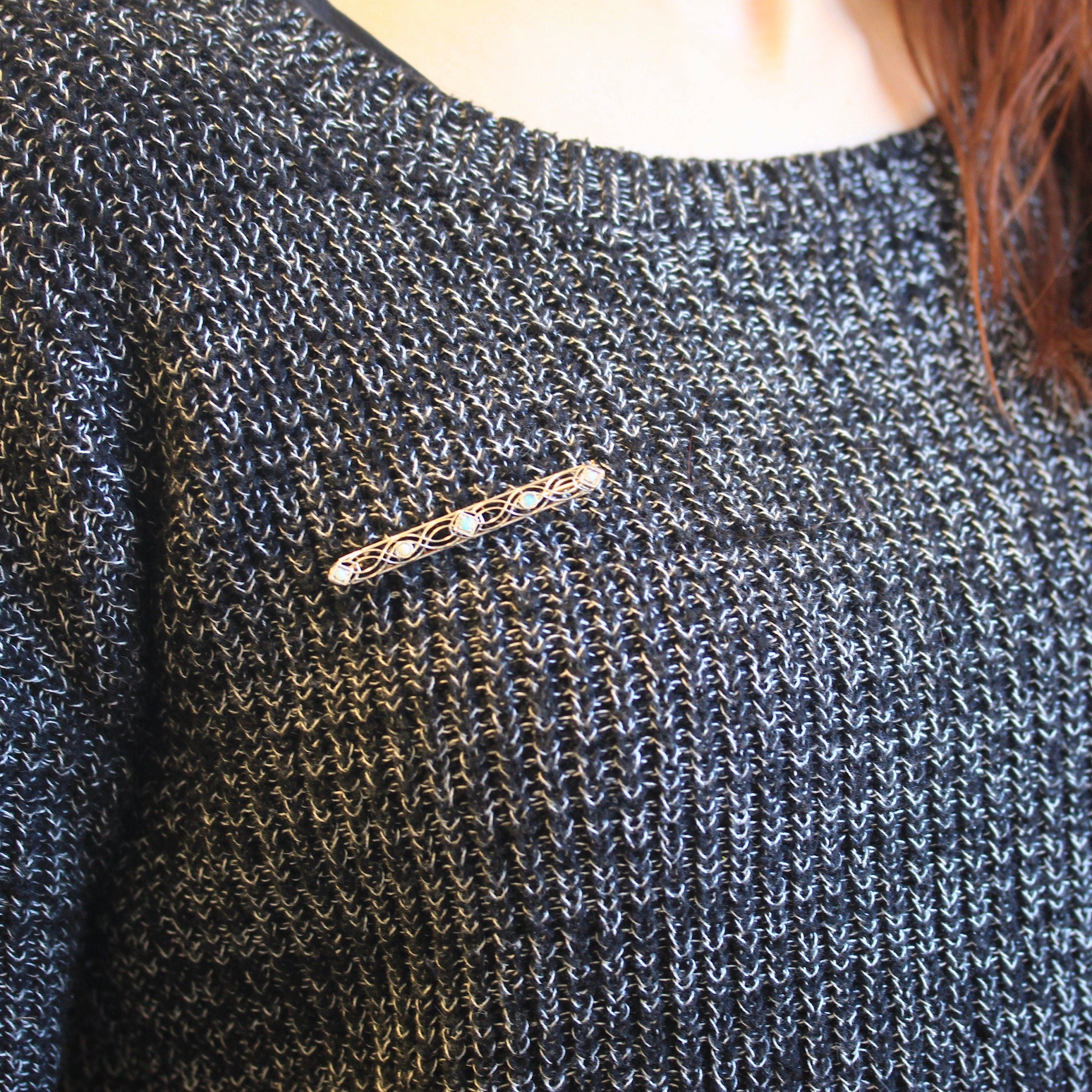 Vintage Opal Brooch - Antique 10k Yellow Gold & Platinum Long Pin - Vintage Circa 1930s Era Filigree Open Metal Statement Fine 30s Jewelry