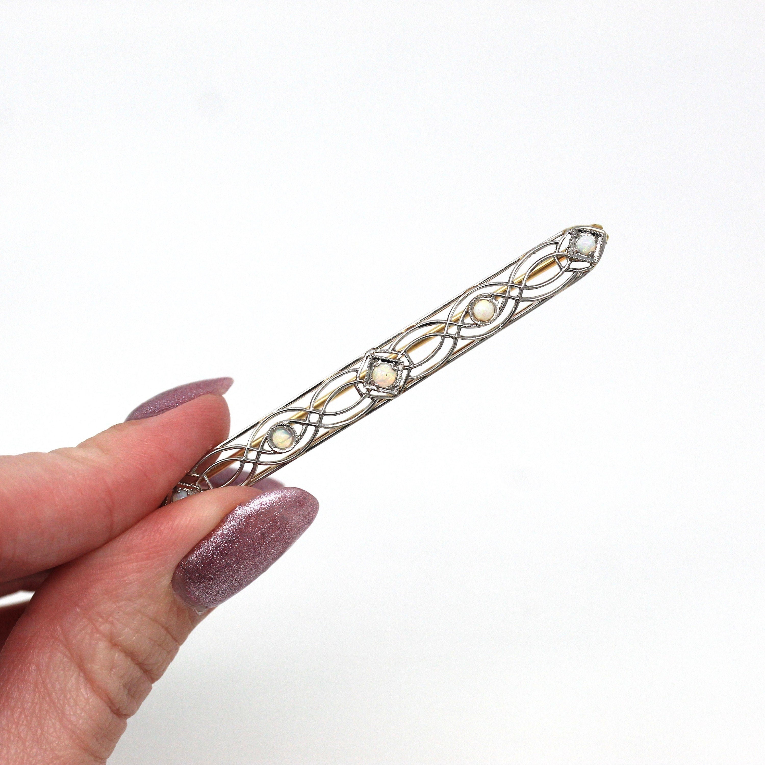 Vintage Opal Brooch - Antique 10k Yellow Gold & Platinum Long Pin - Vintage Circa 1930s Era Filigree Open Metal Statement Fine 30s Jewelry