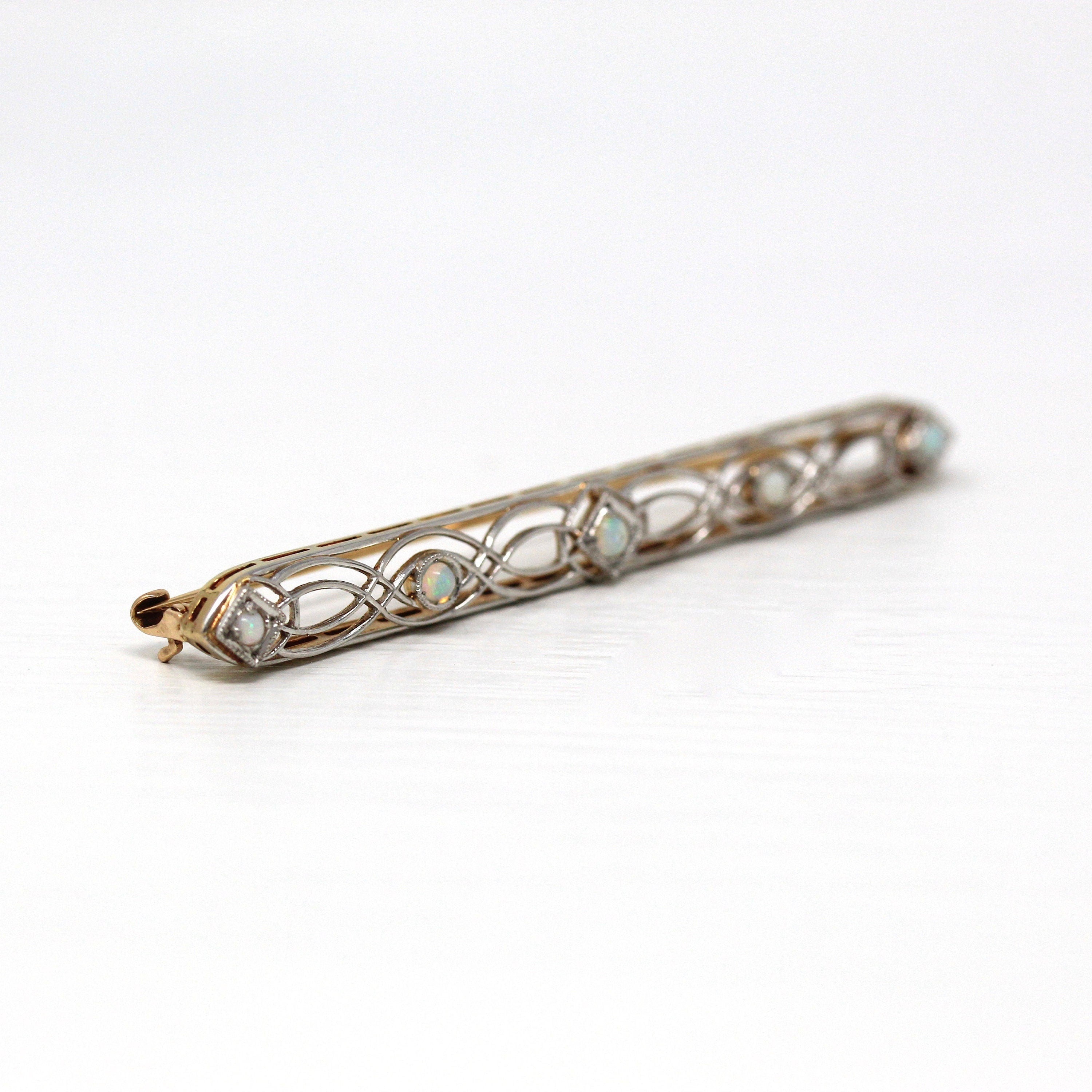 Vintage Opal Brooch - Antique 10k Yellow Gold & Platinum Long Pin - Vintage Circa 1930s Era Filigree Open Metal Statement Fine 30s Jewelry