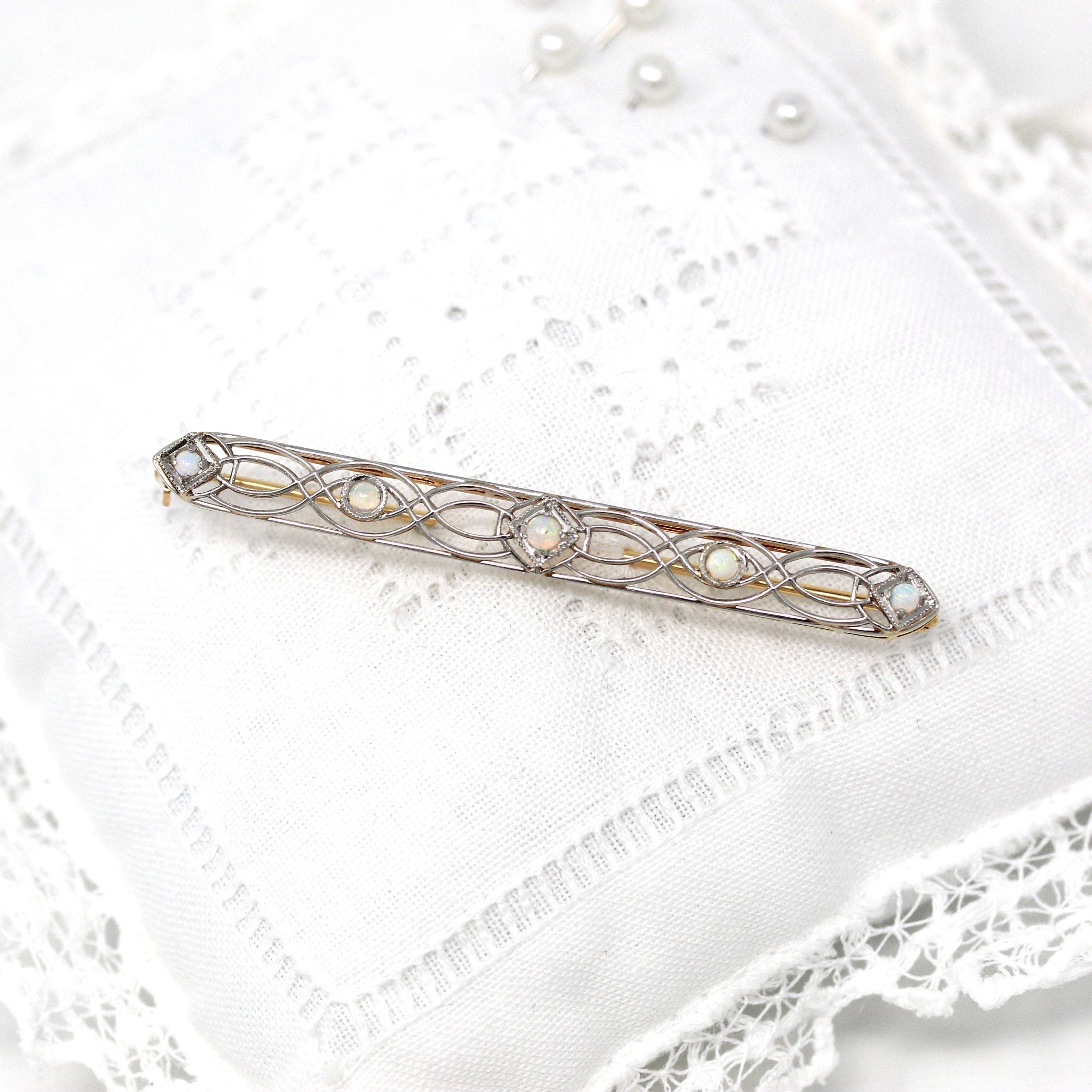 Vintage Opal Brooch - Antique 10k Yellow Gold & Platinum Long Pin - Vintage Circa 1930s Era Filigree Open Metal Statement Fine 30s Jewelry