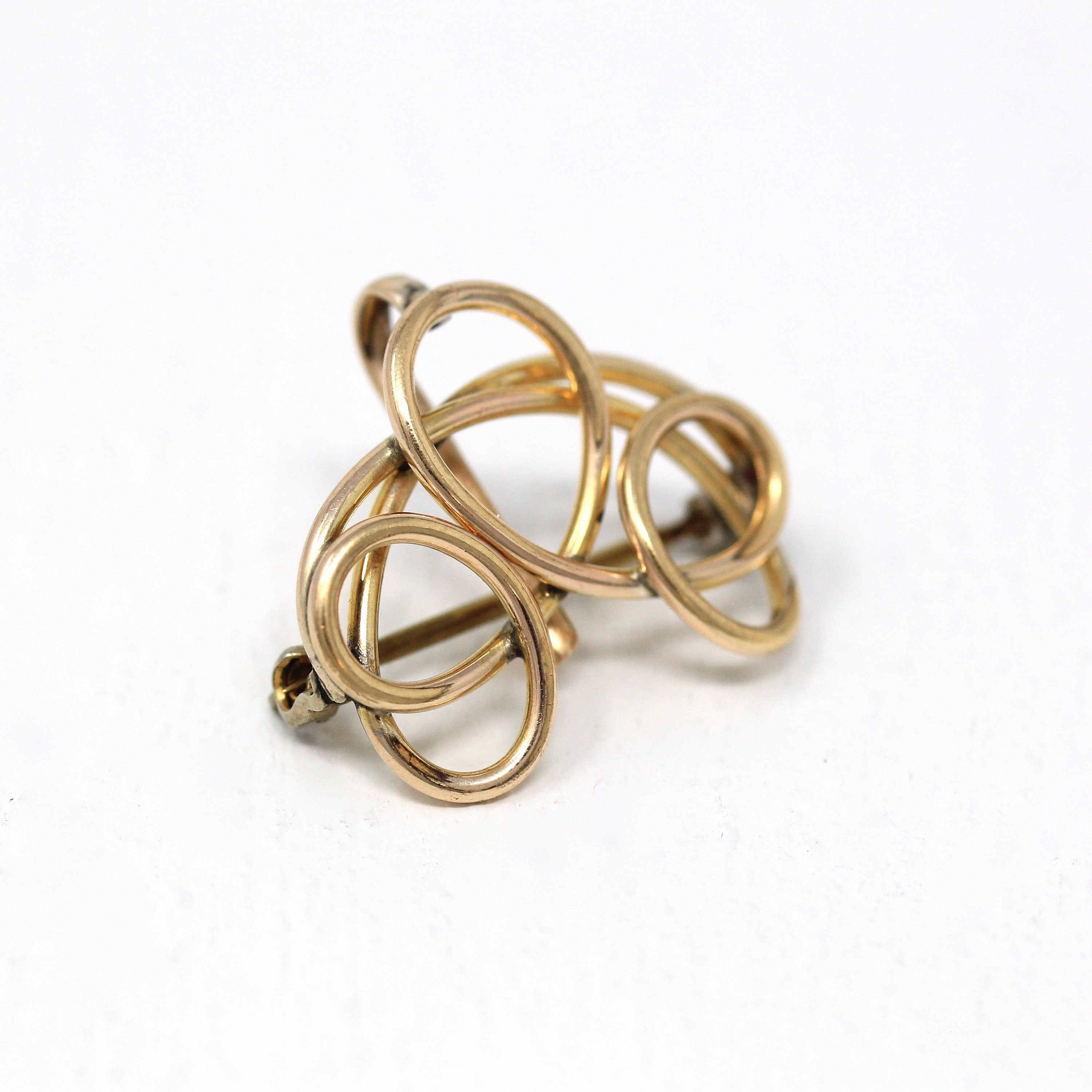 Vintage Swirl Brooch - Retro Yellow Gold Filled Polished Looped Design 40s Statement Pin - Circa 1940s Era Fashion Accessory Jewelry