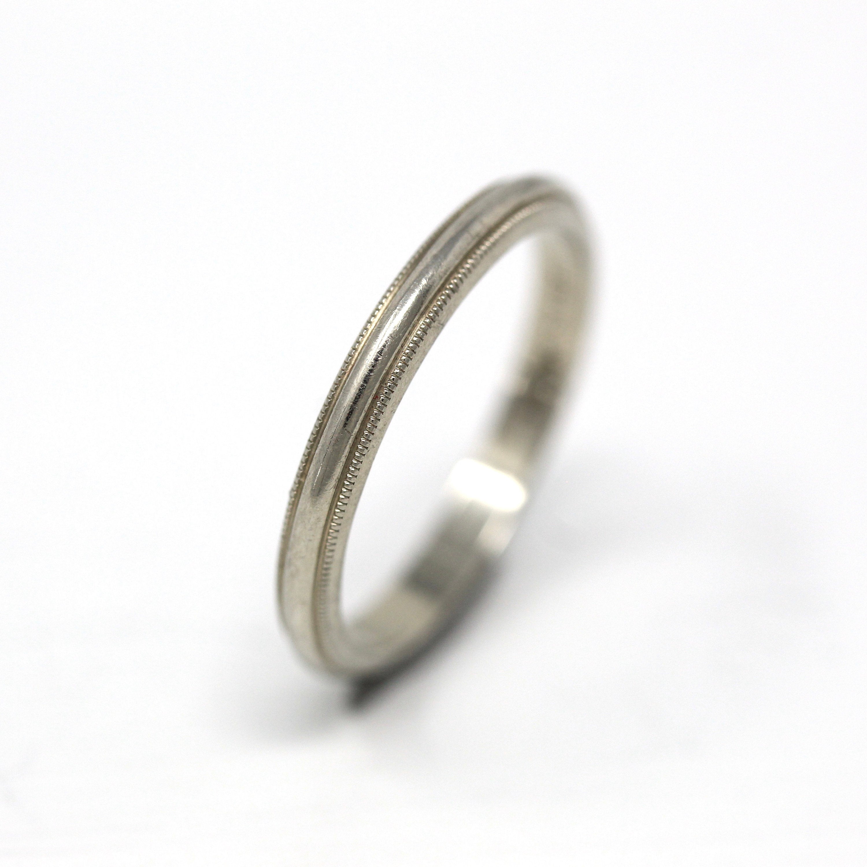 Estate Wedding Band - Modern 14k White Gold Milgrain Eternity Designs Ring - Circa 1980s Era Size 4 3/4 Stacking Style Stief Fine Jewelry