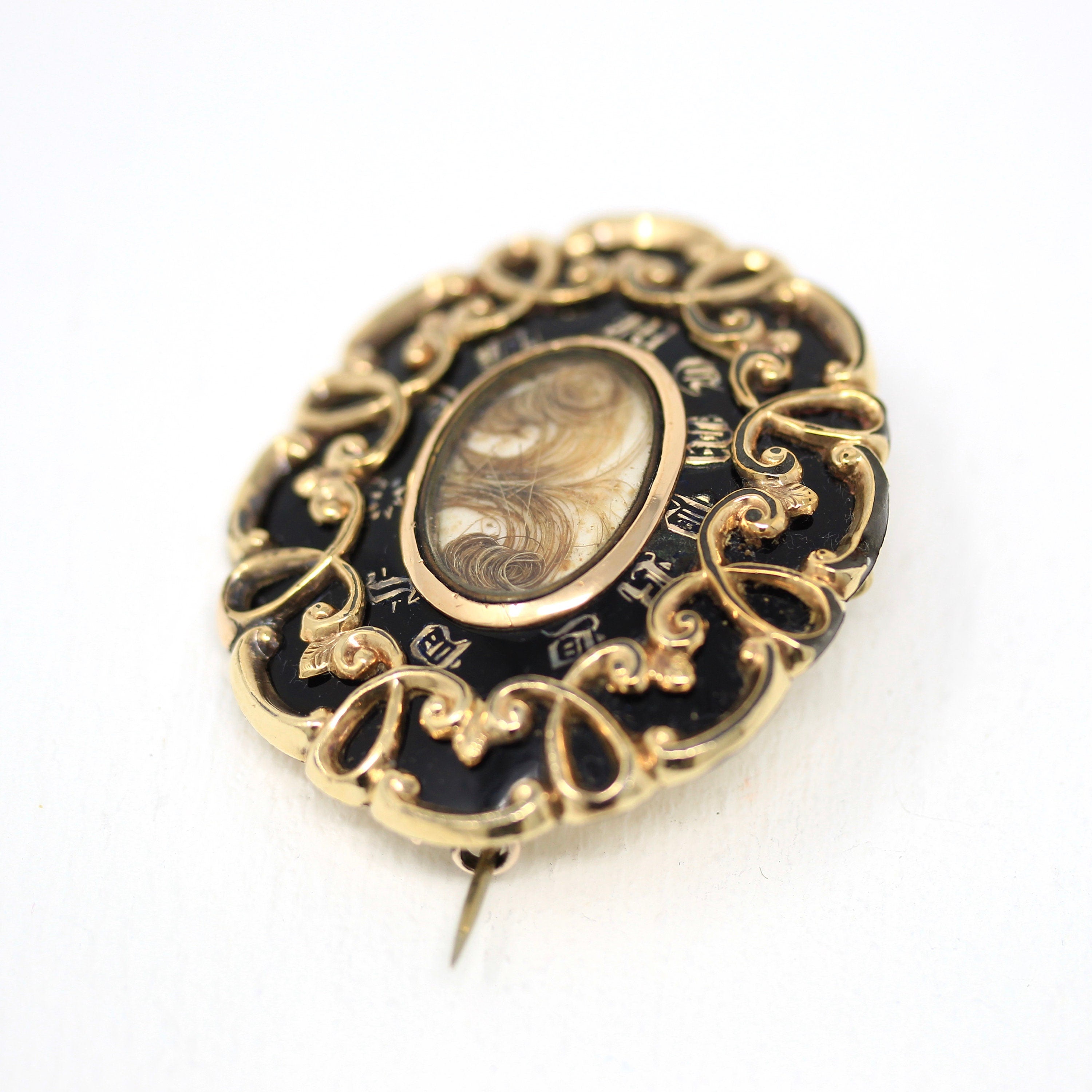 Victorian Mourning Brooch - Antique Gold Shell Enamel "In Memory Of" Pin - Dated May 28th 1857 H. Collings Hair Art Memorial Style Jewelry